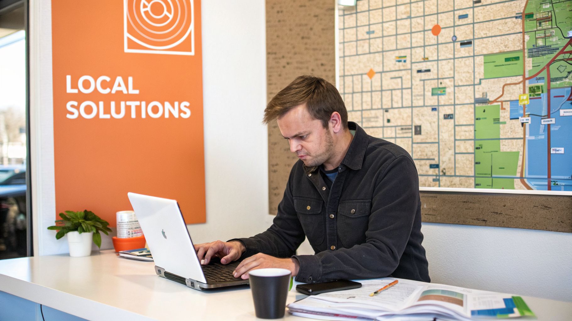 A man works diligently on his laptop at a desk with a 'Local Solutions' sign in the background.