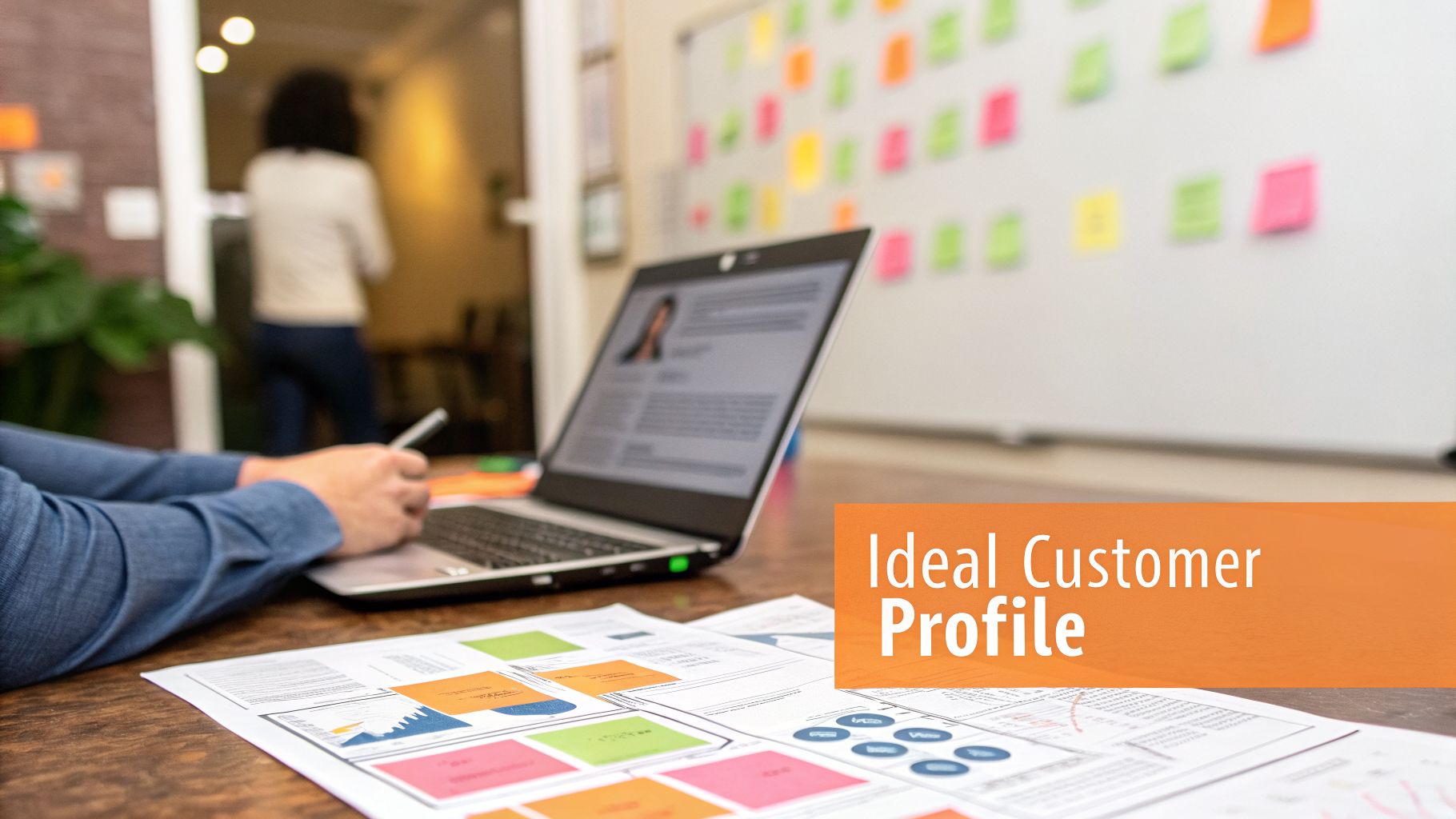 Person reviewing 'Ideal Customer Profile' documents and working on a laptop at a busy office desk.