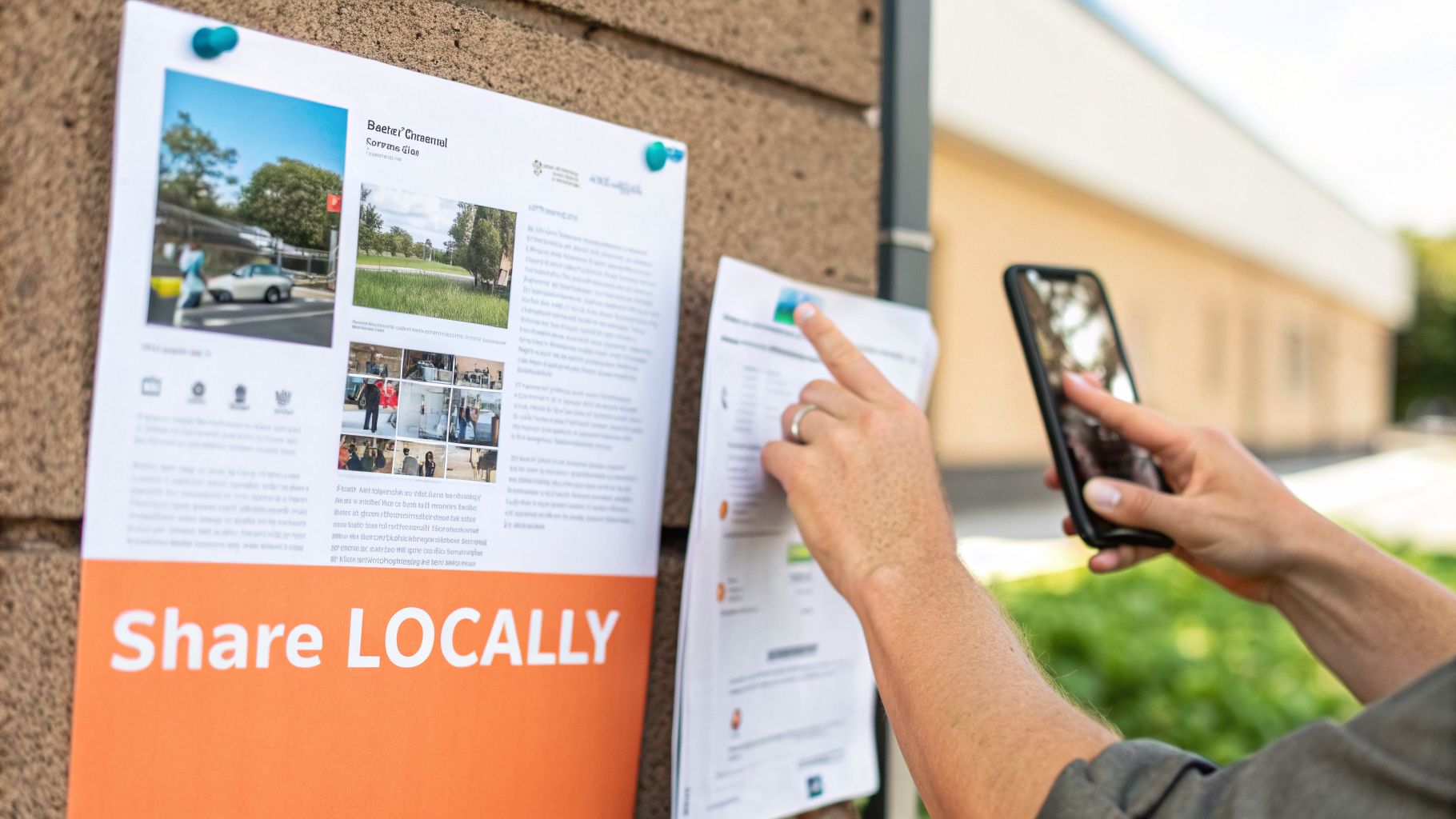 A person engages with a 'Share LOCALLY' poster pinned to a wall while holding a smartphone.