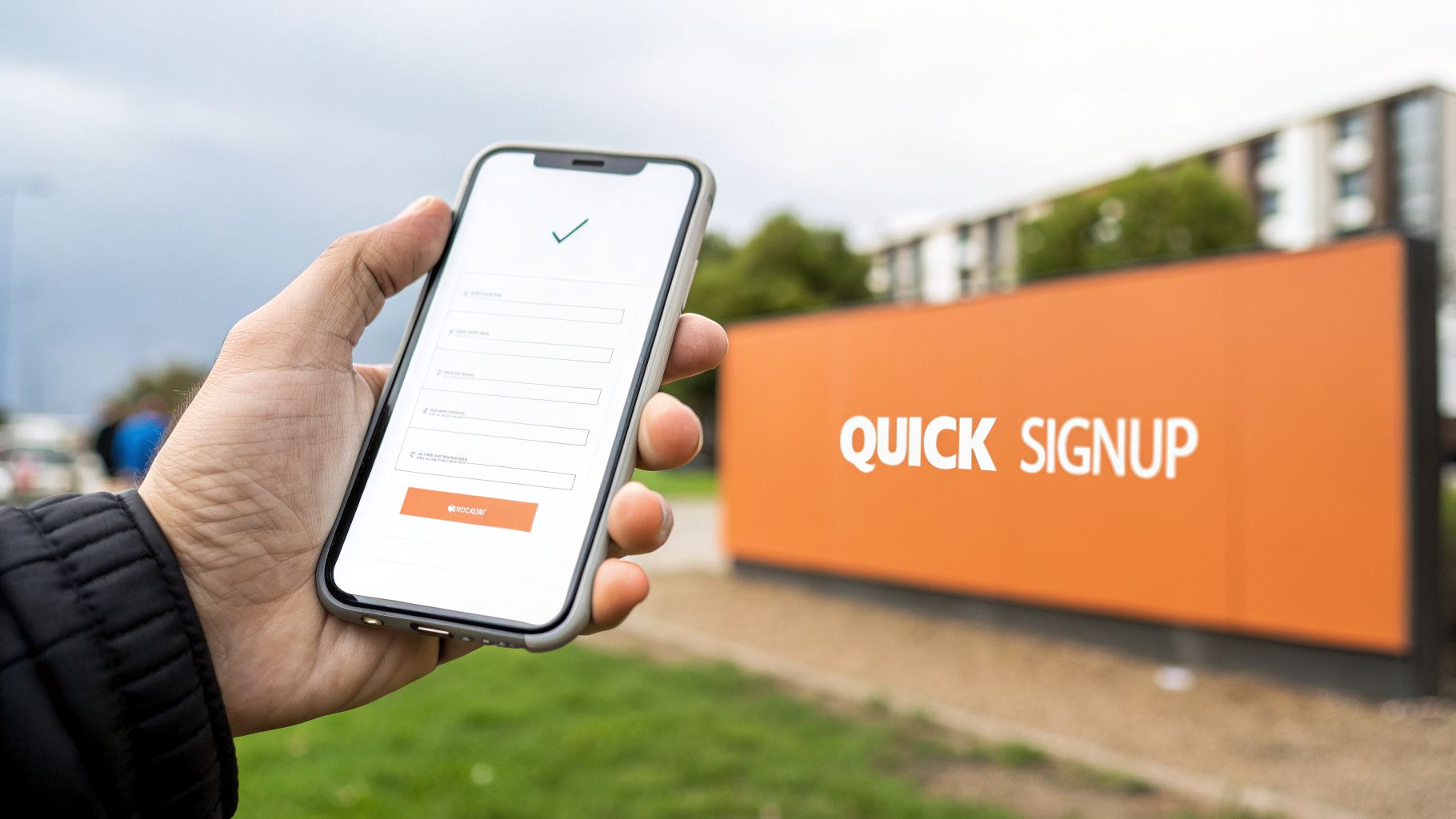 A hand holds a smartphone displaying a signup form, next to a large orange 'QUICK SIGNUP' billboard.