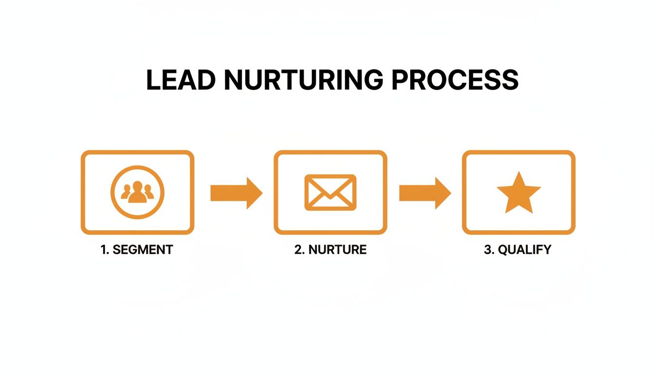 Diagram showing the lead nurturing process: segmenting leads, nurturing them, and finally qualifying them.