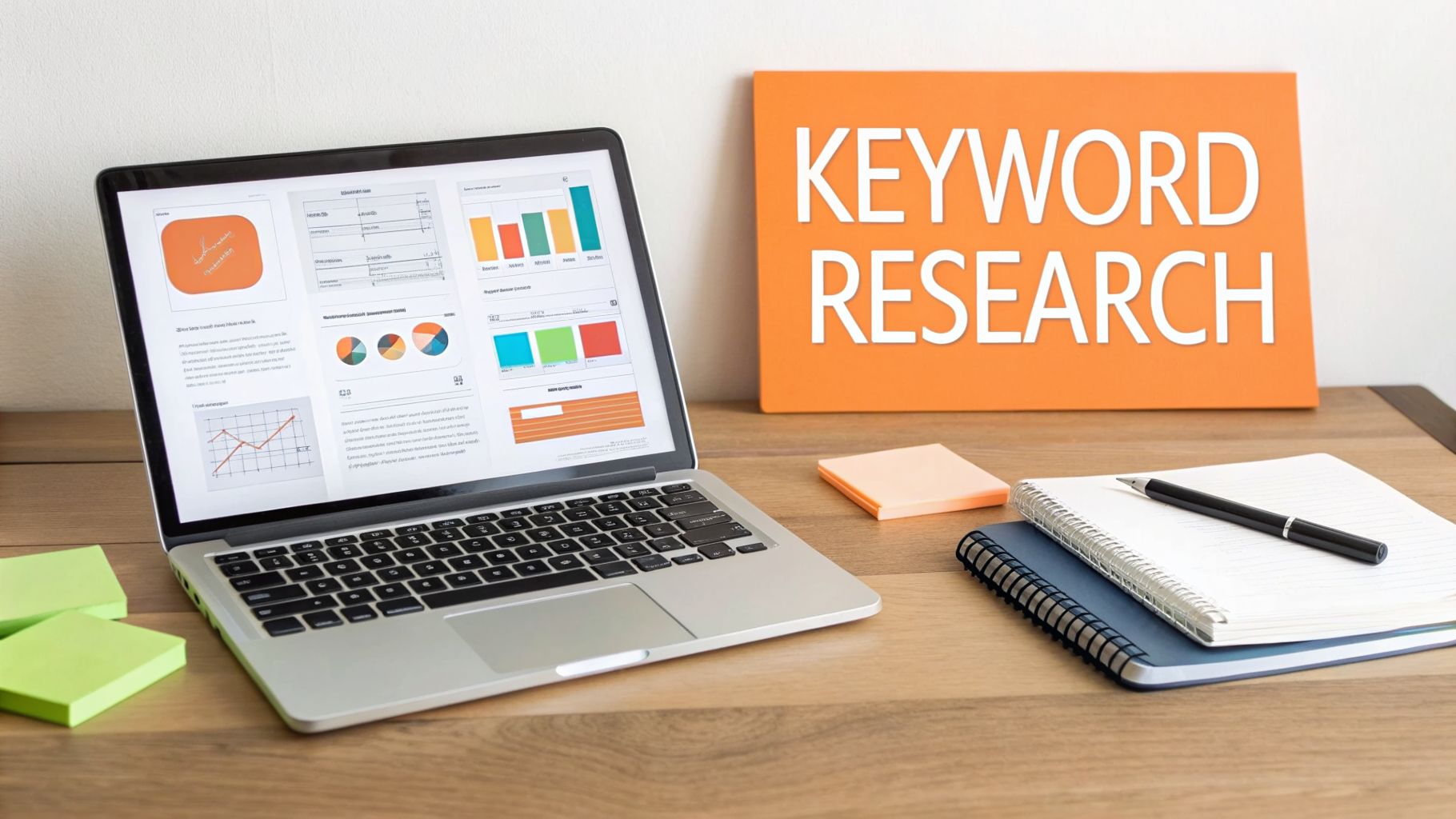 A laptop displaying data analytics charts on a desk with a 'KEYWORD RESEARCH' sign, sticky notes, and notebooks.