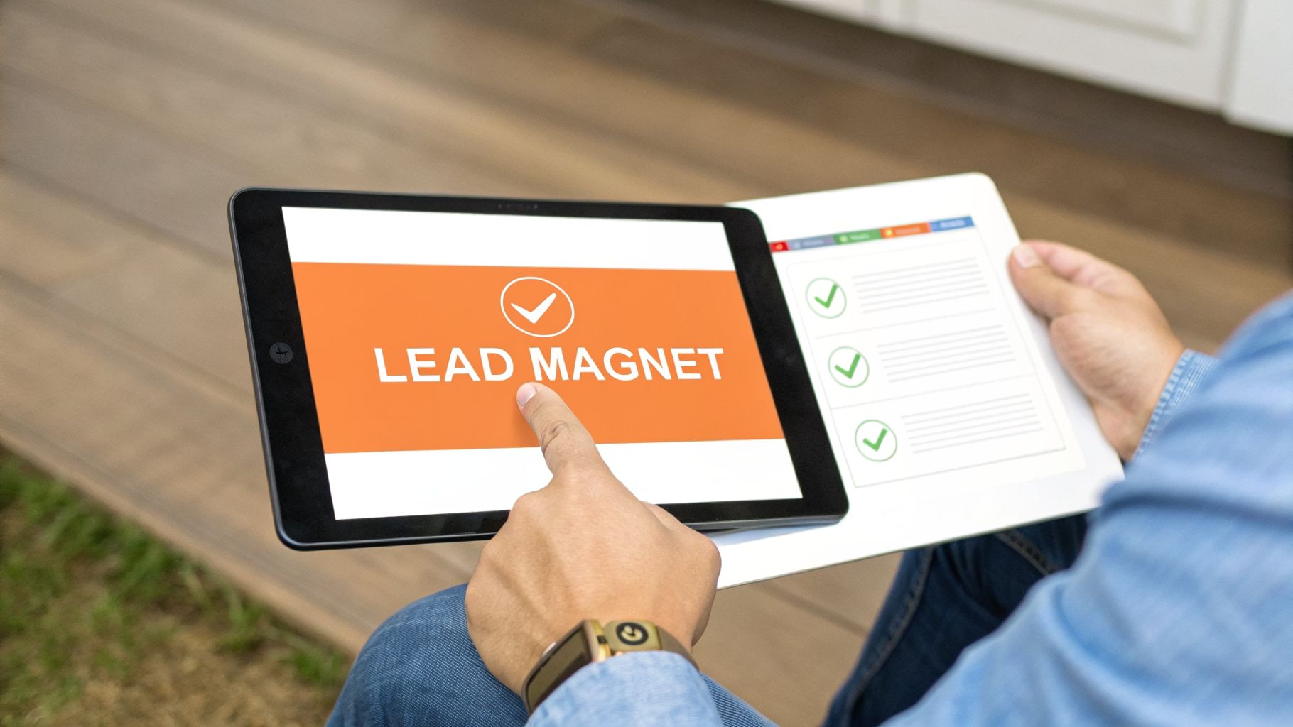Person points to a tablet showing 'LEAD MAGNET' and a checklist, strategizing for inbound leads.