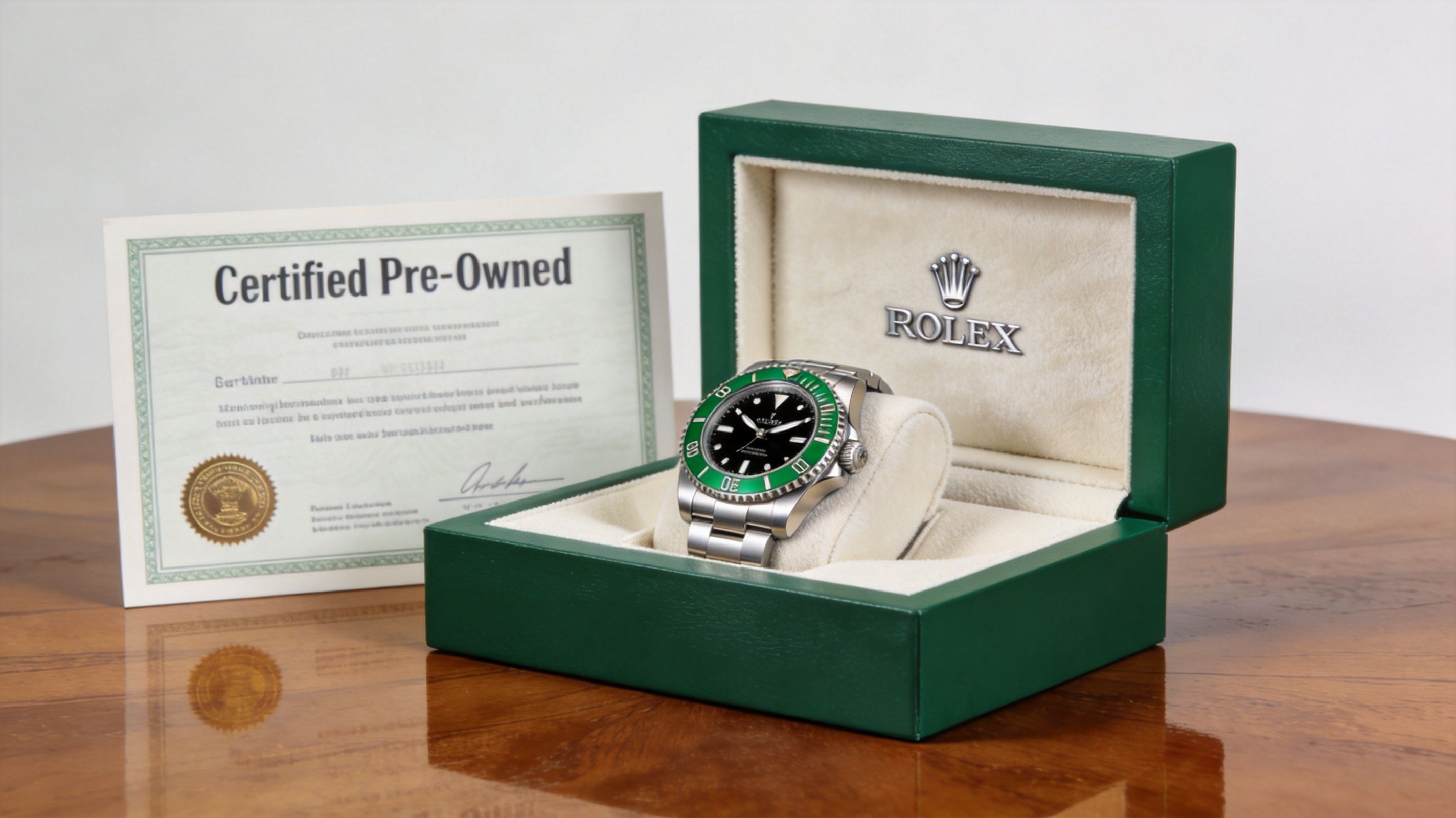 A Rolex Certified Pre-Owned watch displayed inside its signature green presentation box with an authenticity certificate.