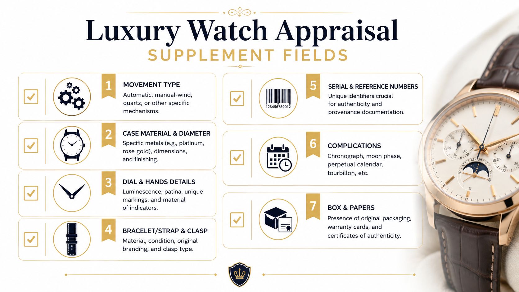 A visual guide for luxury watch appraisal listing seven essential fields with icons and explanatory text.