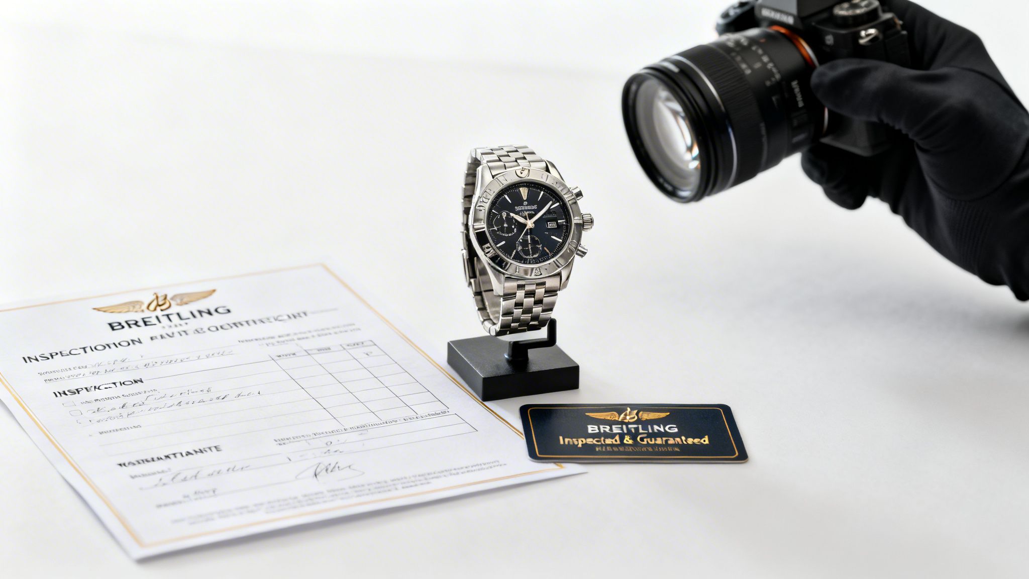 A gloved hand photographs a Breitling watch, inspection document, and guarantee card on a white surface.