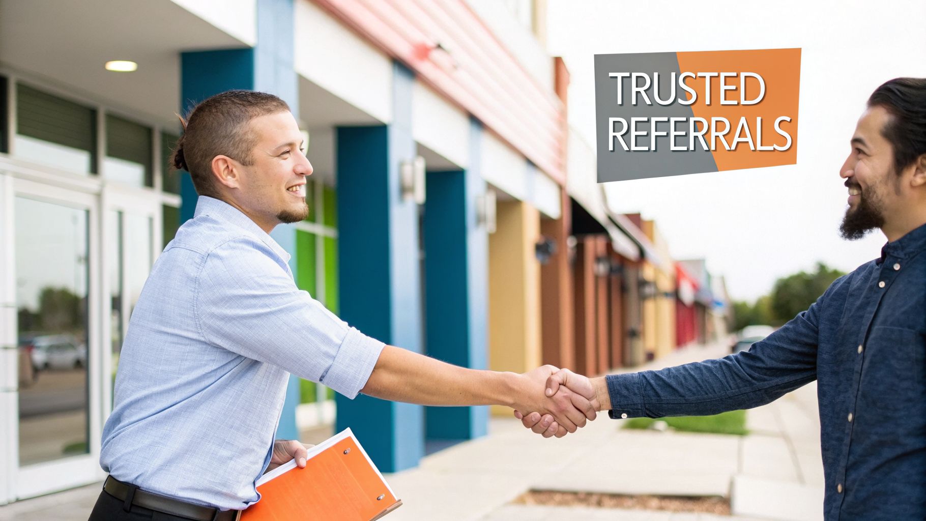 Two smiling men shaking hands outdoors in front of buildings with a 'TRUSTED REFERRALS' sign.