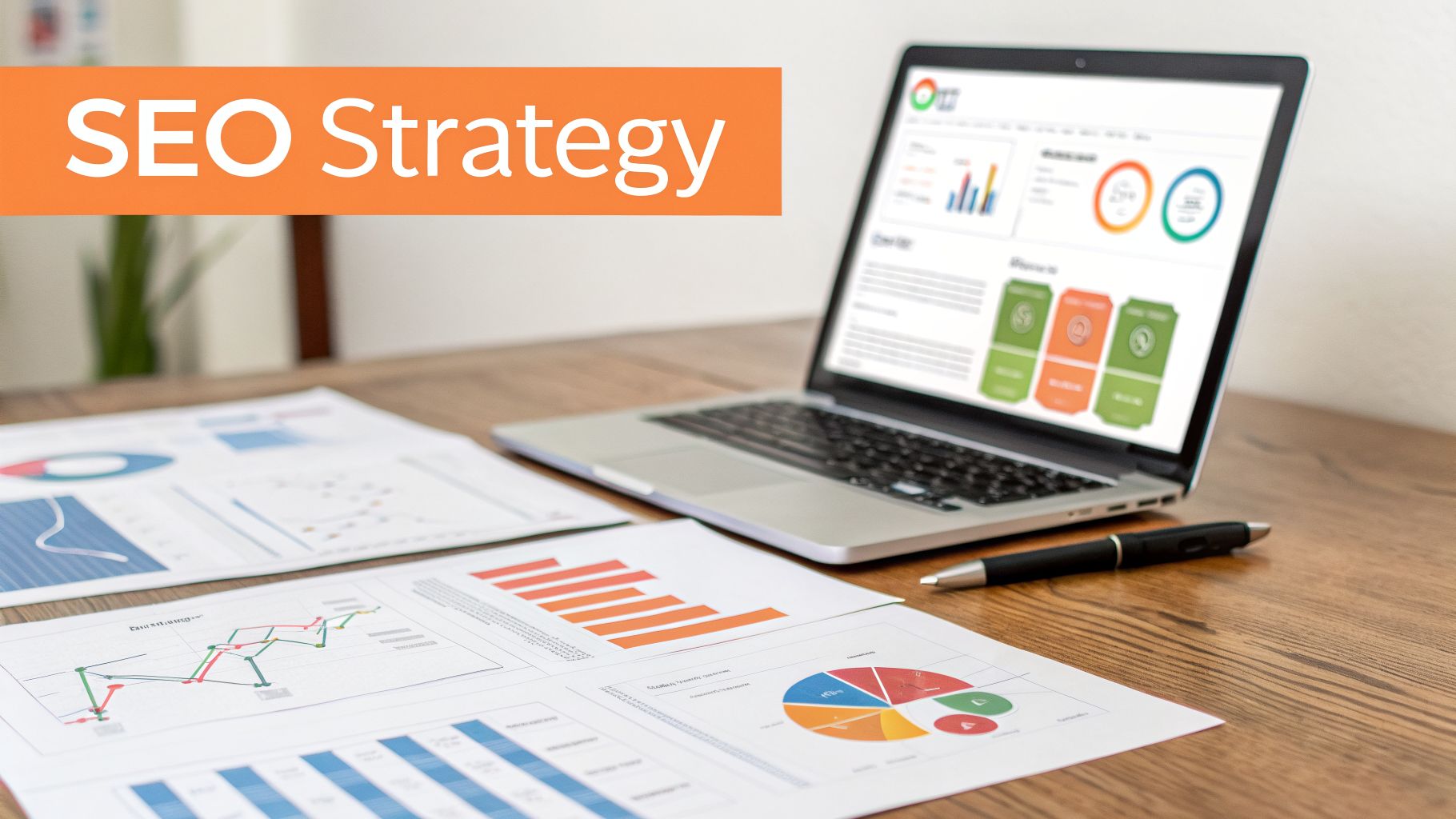 A laptop displaying SEO analytics and charts, alongside printed reports with data graphs on a wooden desk.
