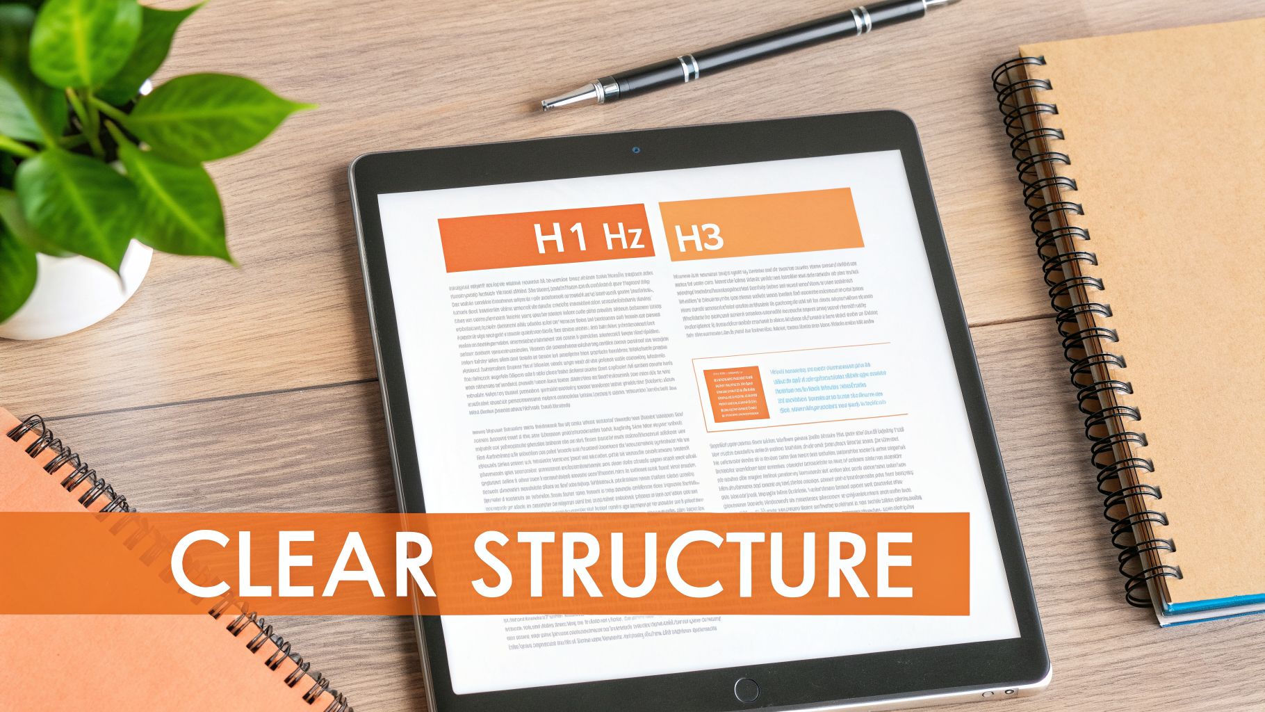 An overhead view of a tablet displaying web content structure with headings, alongside a pen and notebooks.