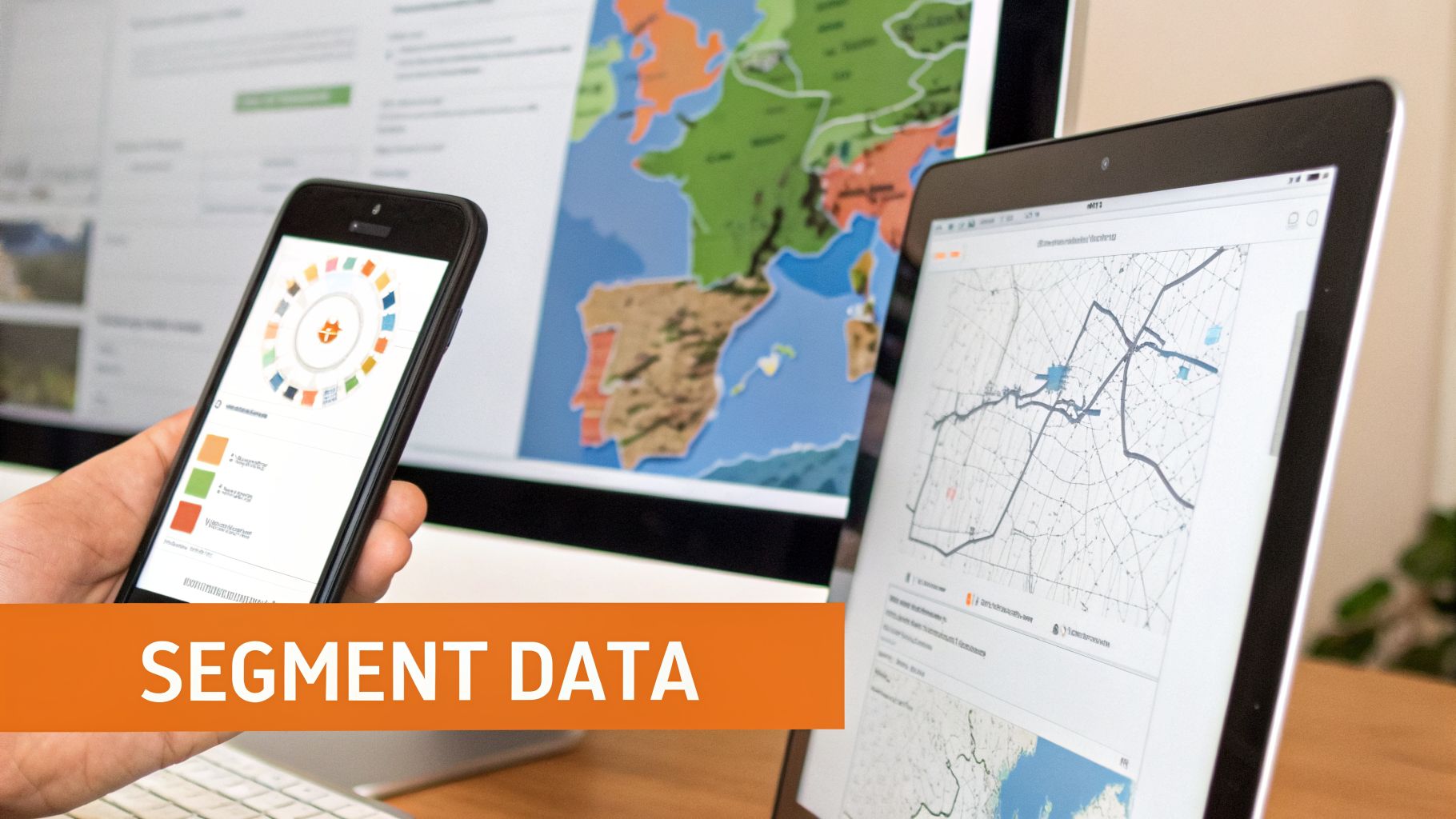Multiple screens display various data visualizations, including a phone with a chart and computers with maps.