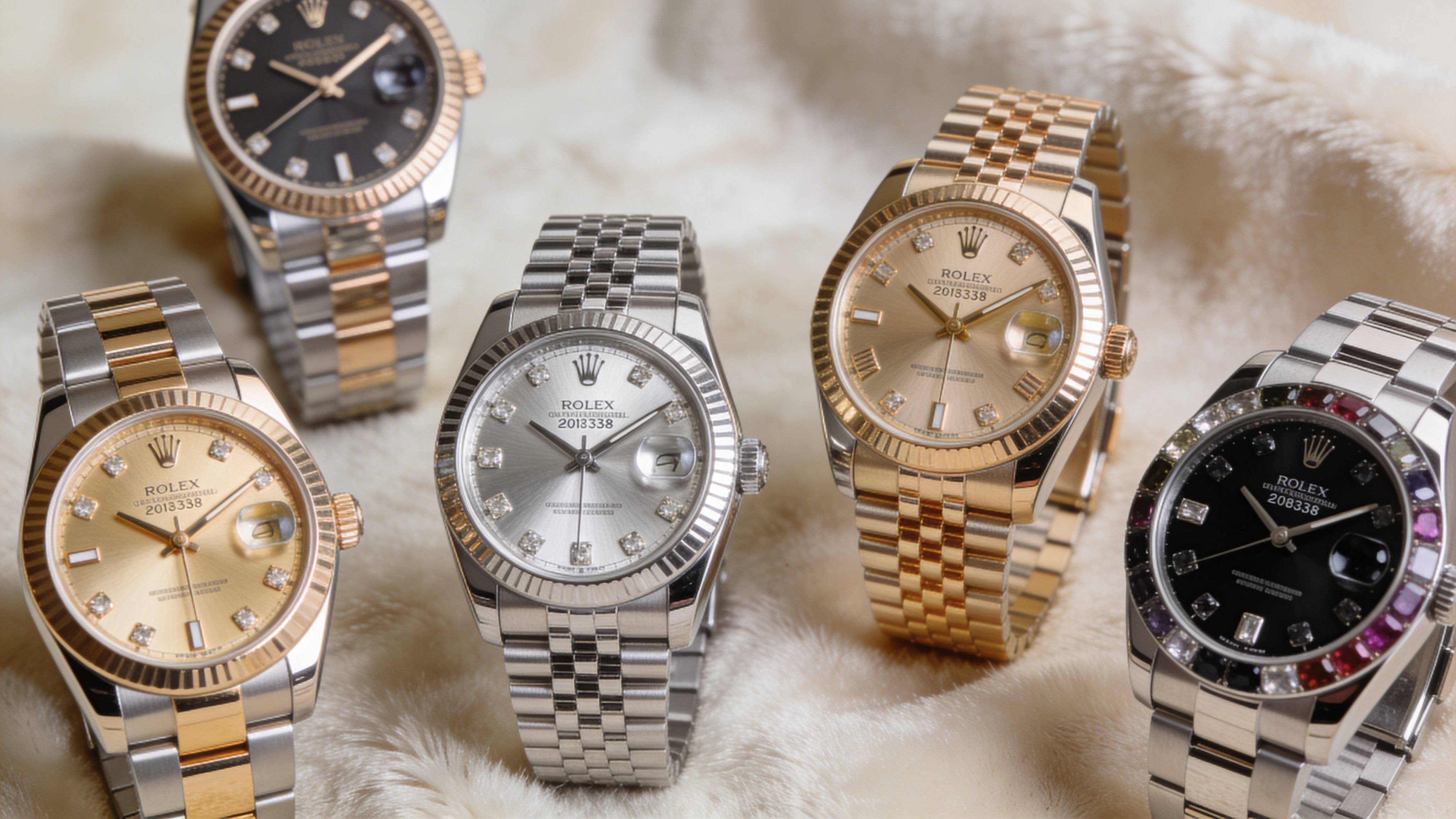 Five luxury Rolex watches displayed on a soft white fur background, showcasing various gold and steel models.