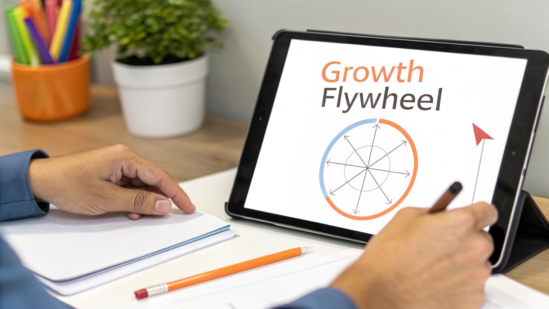 Hands on a desk, a tablet shows 'Growth Flywheel' diagram, with a notebook and pencil for planning.