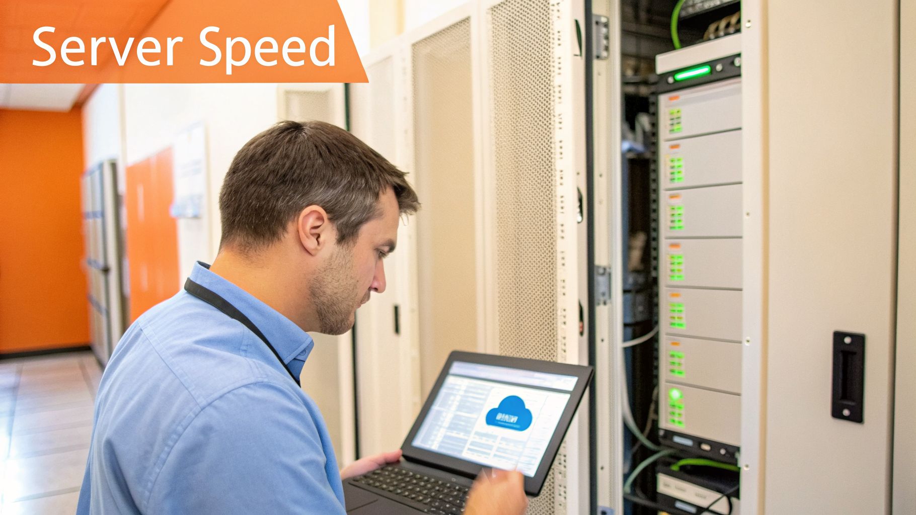 An IT professional uses a laptop to monitor server performance in a data center.