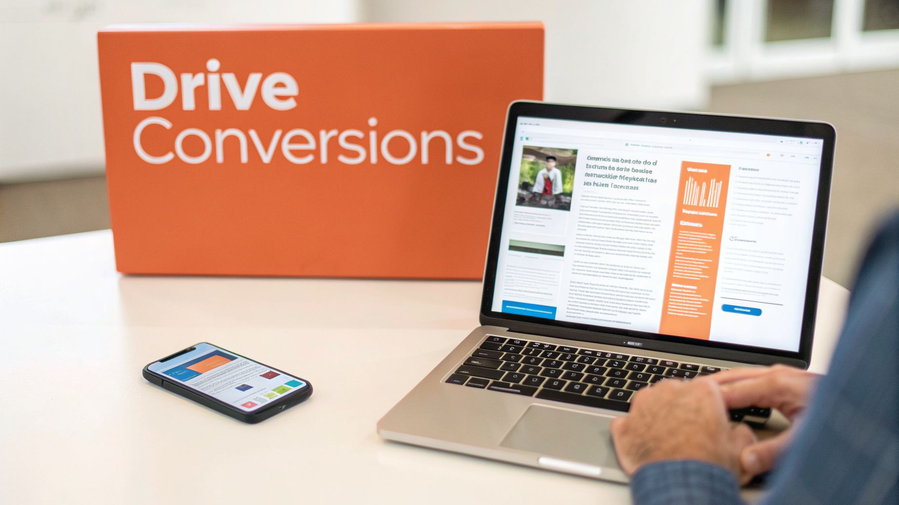 Person typing on a laptop with a smartphone nearby, an orange sign says 'Drive Conversions'.