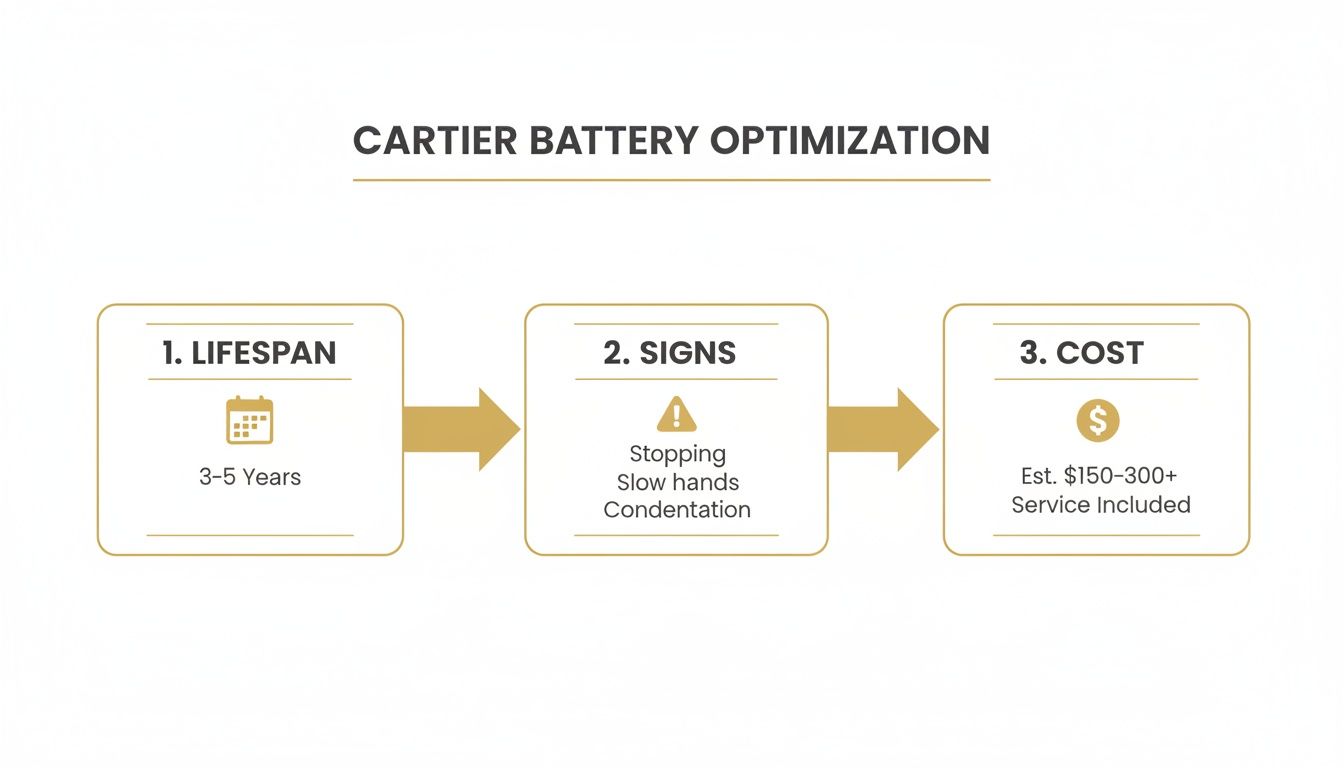 Infographic detailing Cartier watch battery optimization, covering lifespan, signs of needing replacement, and estimated cost.