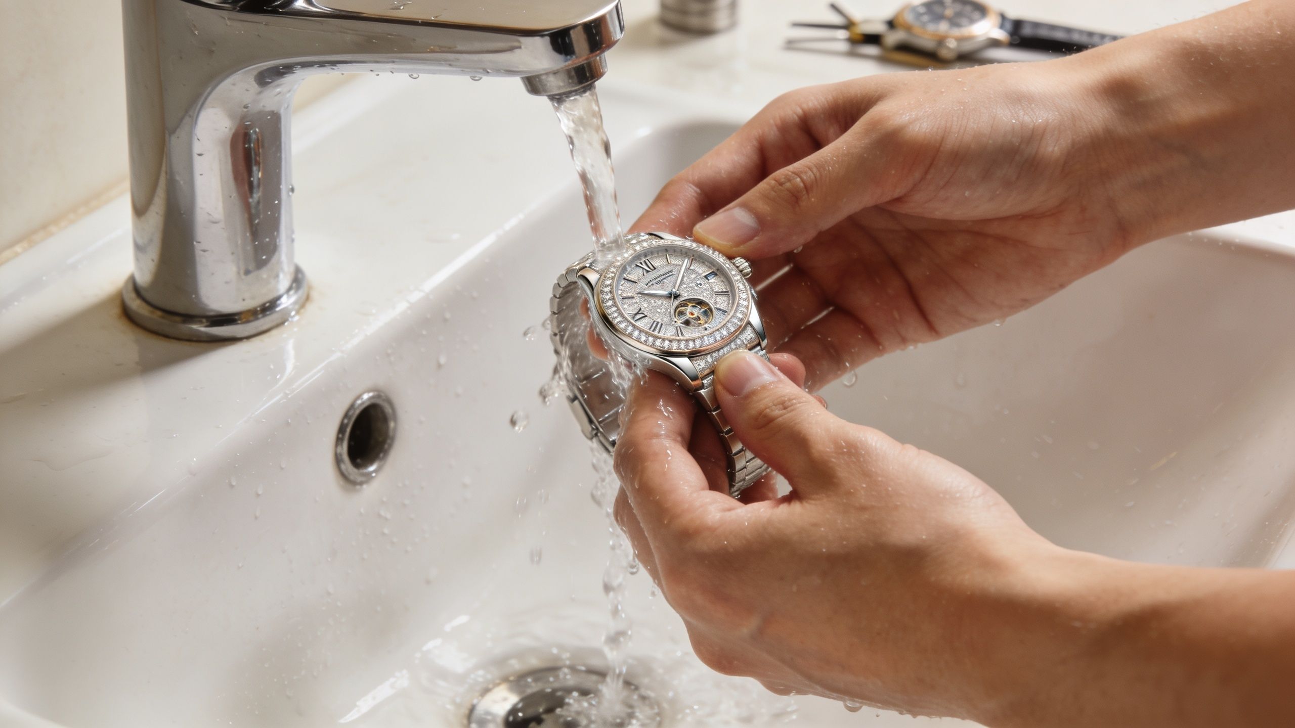 A person washing an elegant diamond-encrusted wristwatch under a running bathroom faucet tap in a sink.