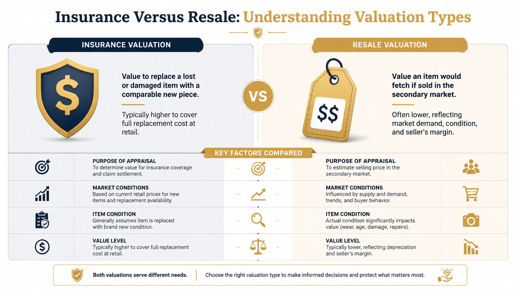 A comparison infographic explaining the differences between insurance valuation and resale valuation for items.