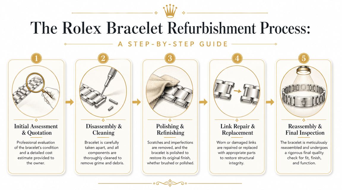 A step-by-step infographic illustrating the five stages of the professional Rolex watch bracelet refurbishment process.