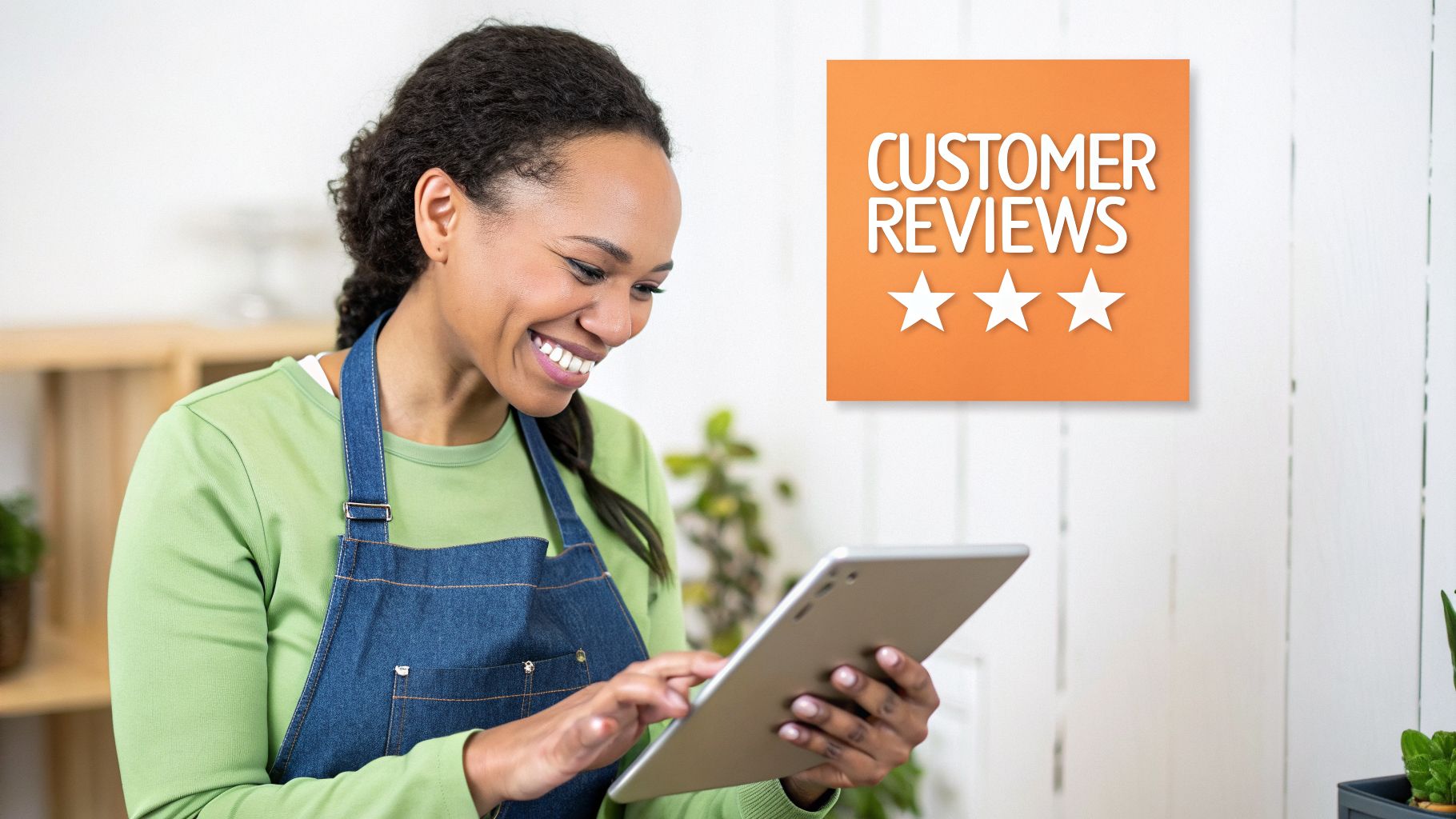 A smiling woman in an apron uses a tablet, with a 'CUSTOMER REVIEWS' sign and three stars in the background.