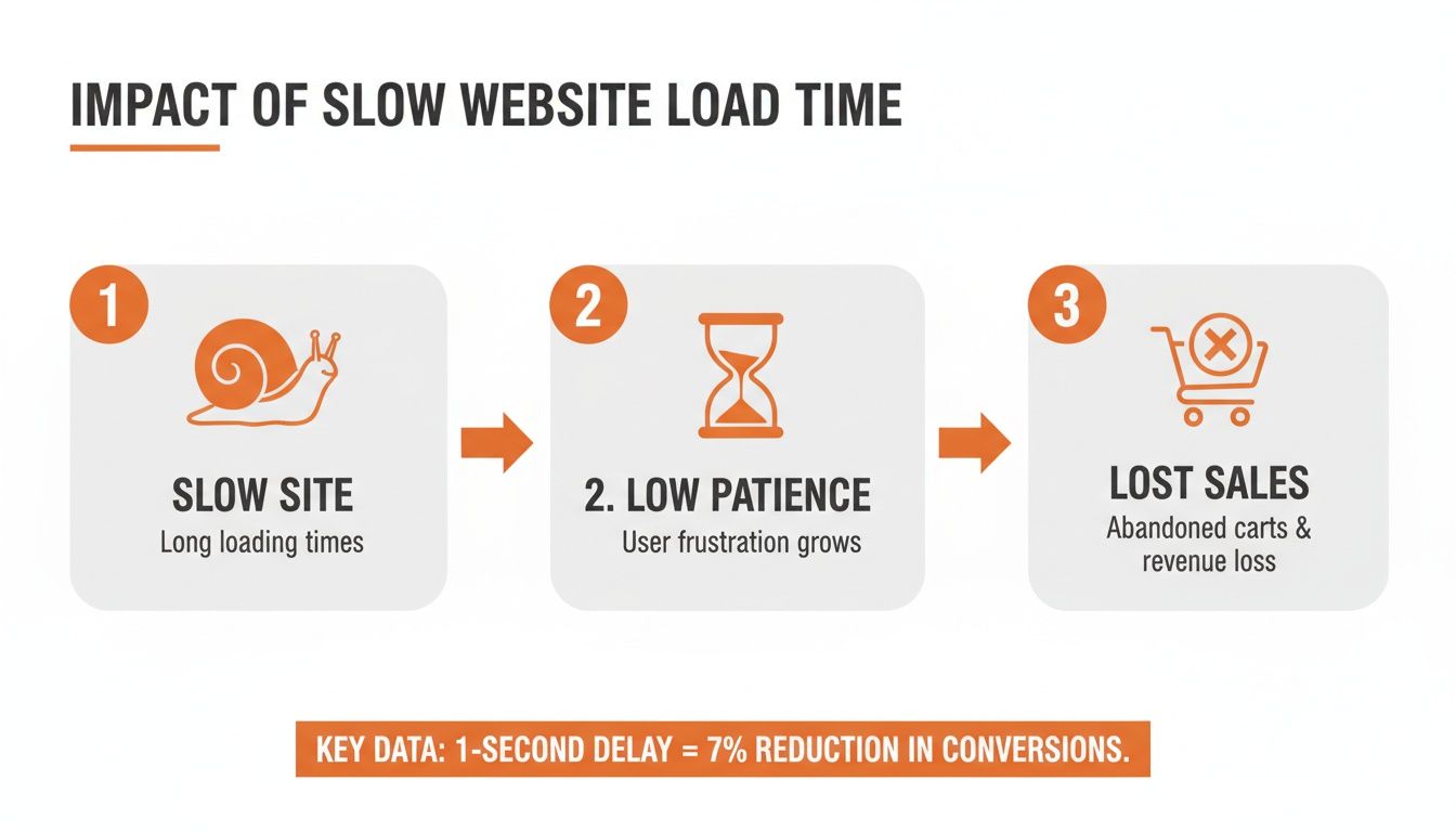 Infographic showing the impact of slow website load time on user patience and lost sales.