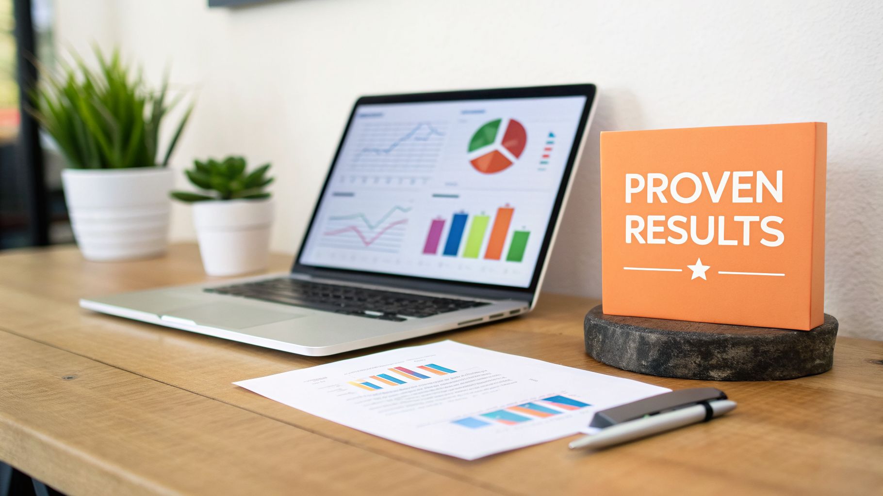 Laptop displaying business charts, a document with graphs, and a 'PROVEN RESULTS' sign on a wooden desk.