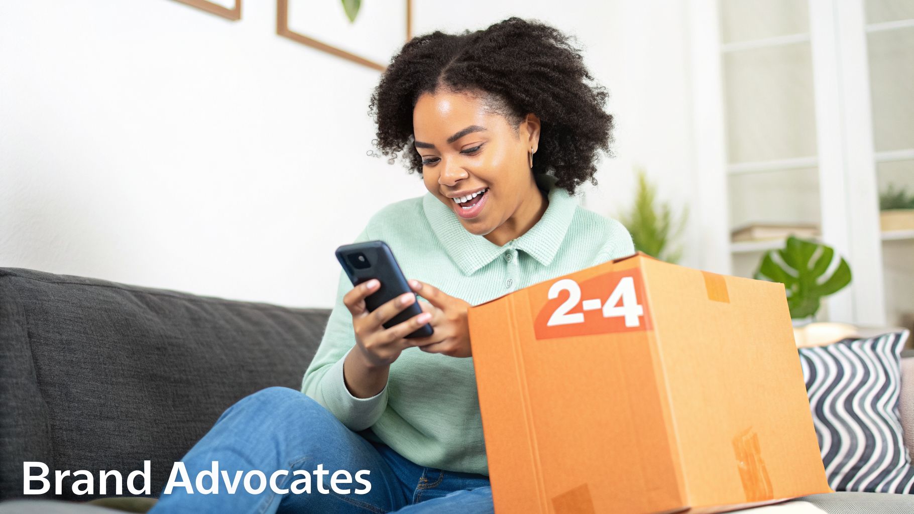 A joyful Black woman sits on a couch, opening a package while looking happily at her phone.