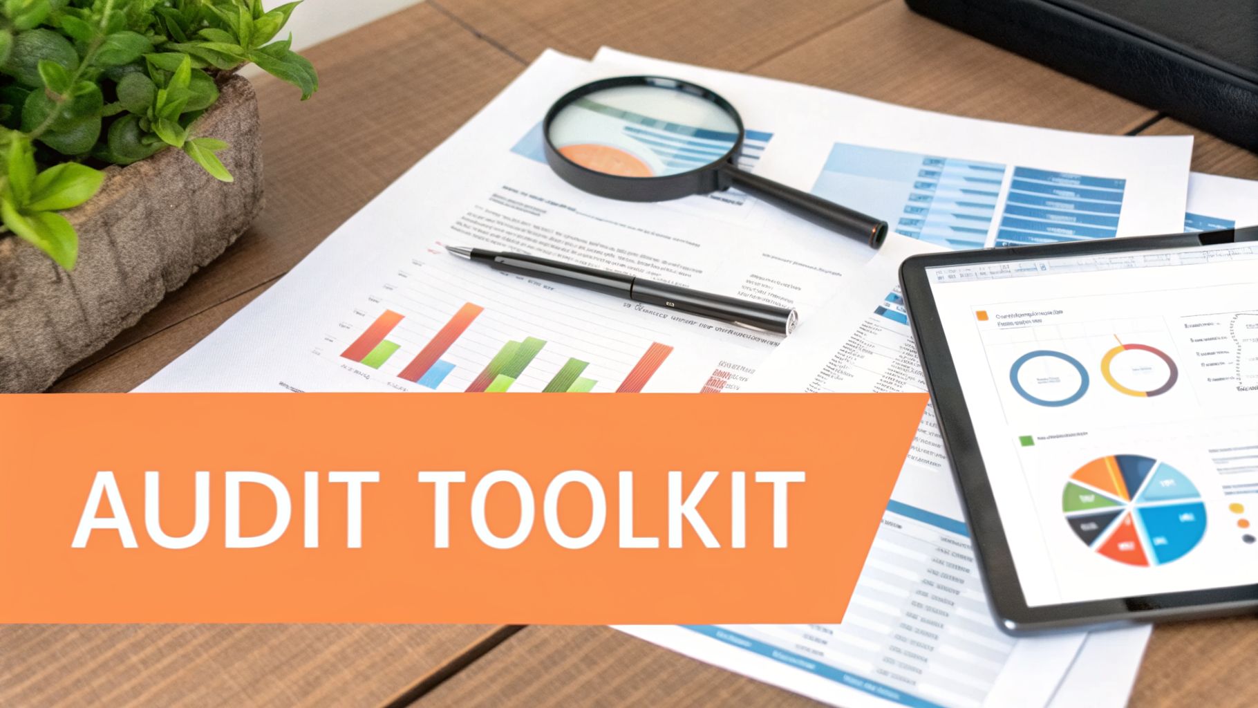 Desk with audit toolkit banner, charts, graphs, magnifying glass, pen, and tablet.