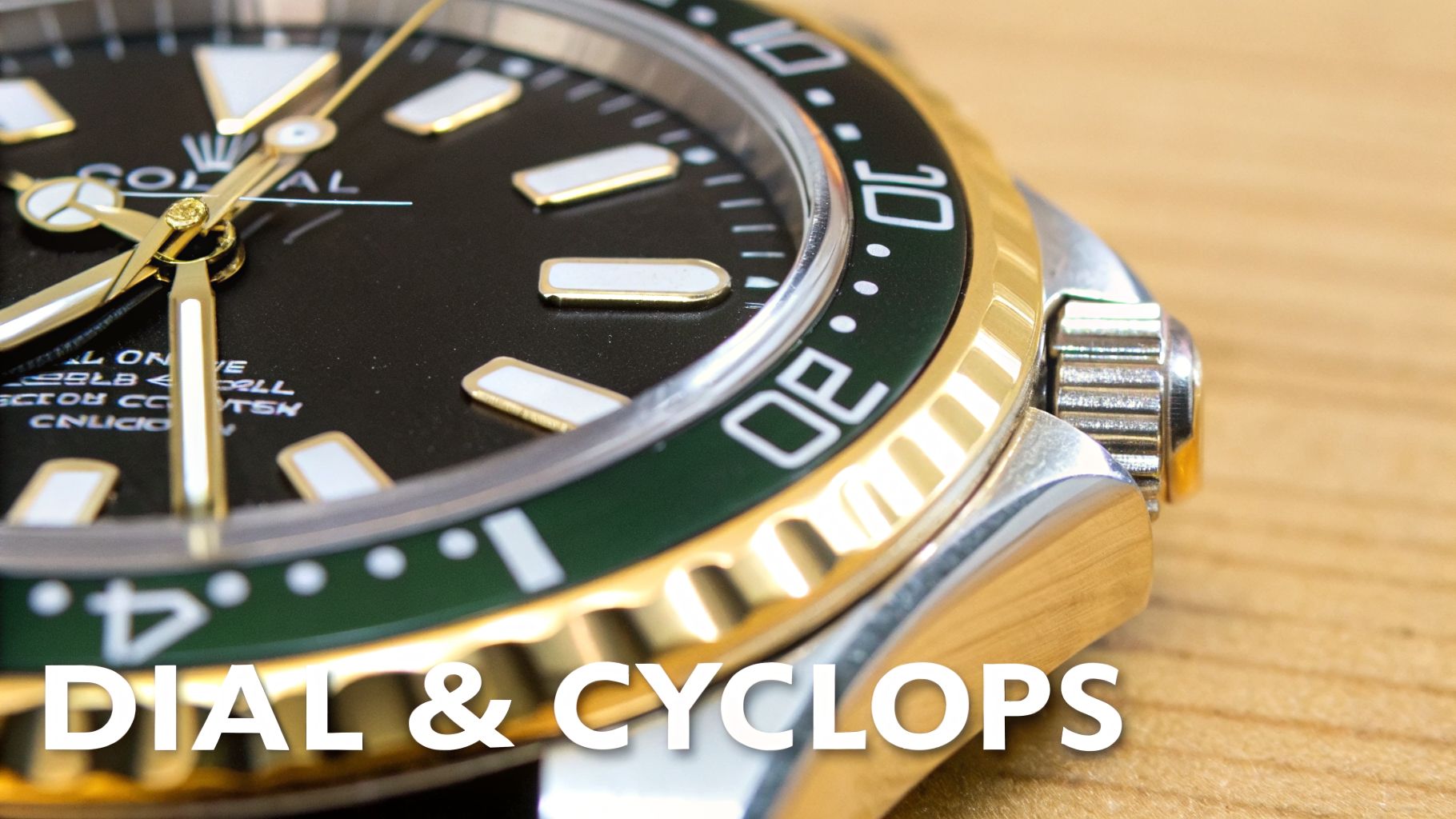 Close-up of a luxurious two-tone Rolex watch, featuring a black dial, gold hands, and a green ceramic bezel.