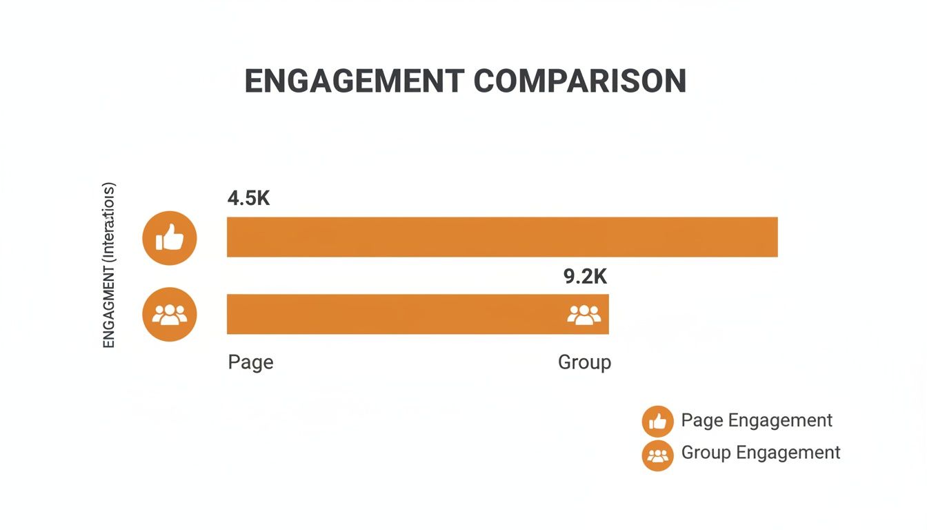 A bar chart comparing engagement: Pages received 4.5K interactions, while Groups achieved 9.2K interactions, titled Engagement Comparison.