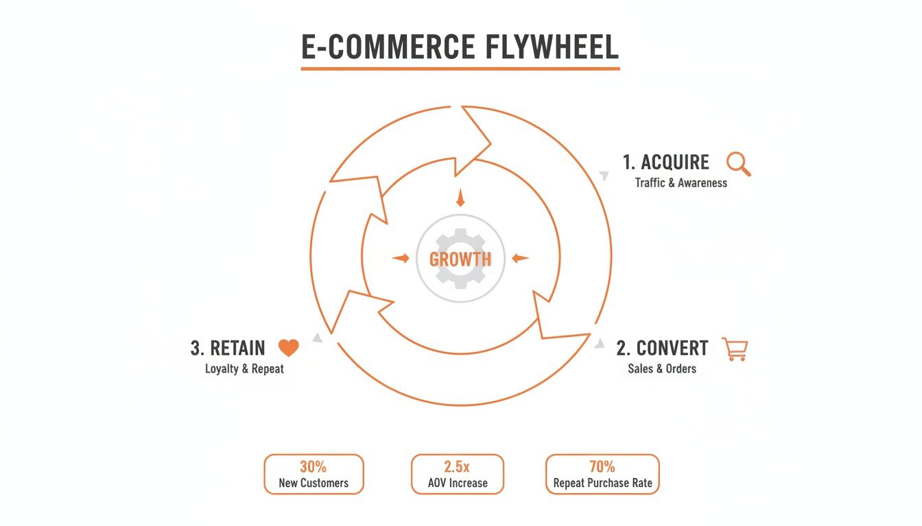 E-commerce flywheel diagram showing acquire, convert, retain stages and key growth metrics.