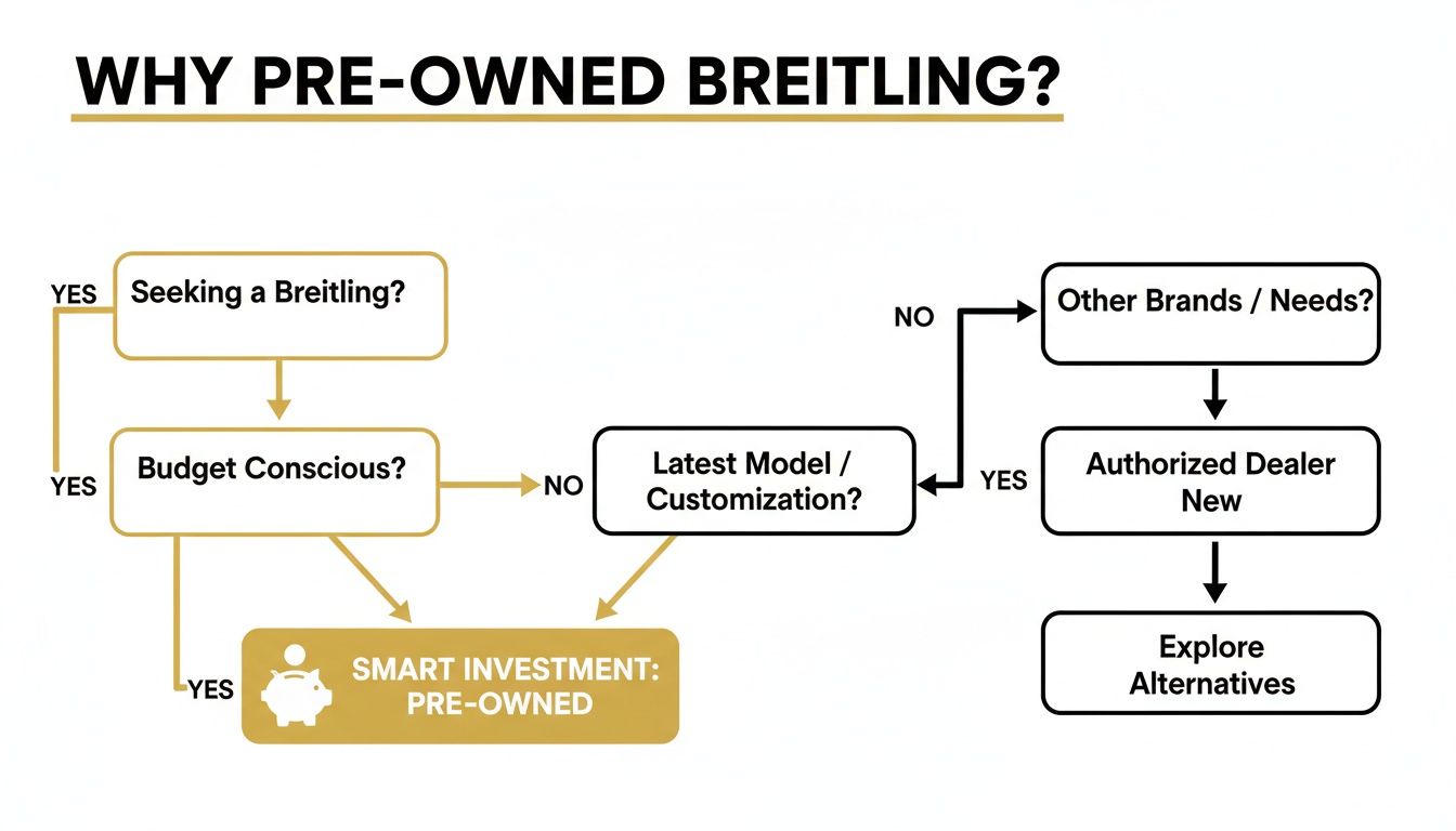 Flowchart illustrating decision paths for buying a Breitling watch, highlighting pre-owned as a smart investment option.