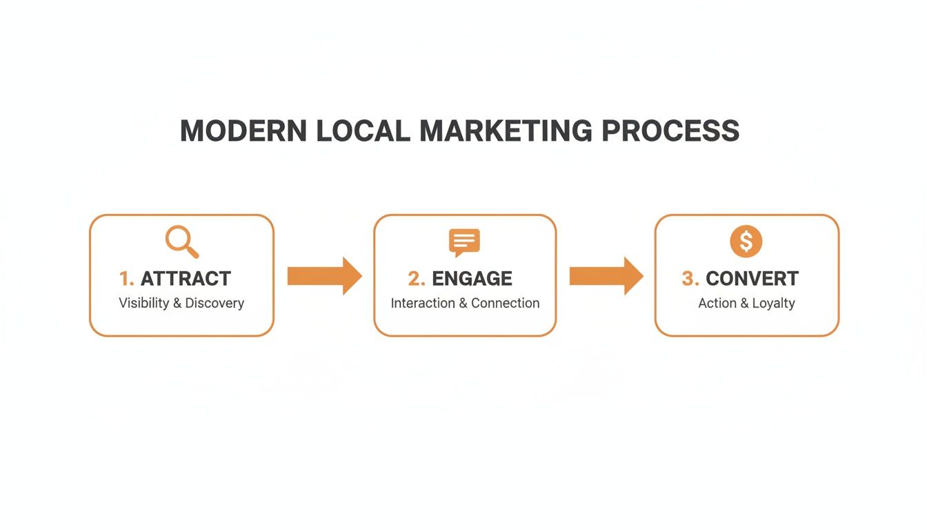 Diagram illustrating the modern local marketing process with Attract, Engage, and Convert steps.