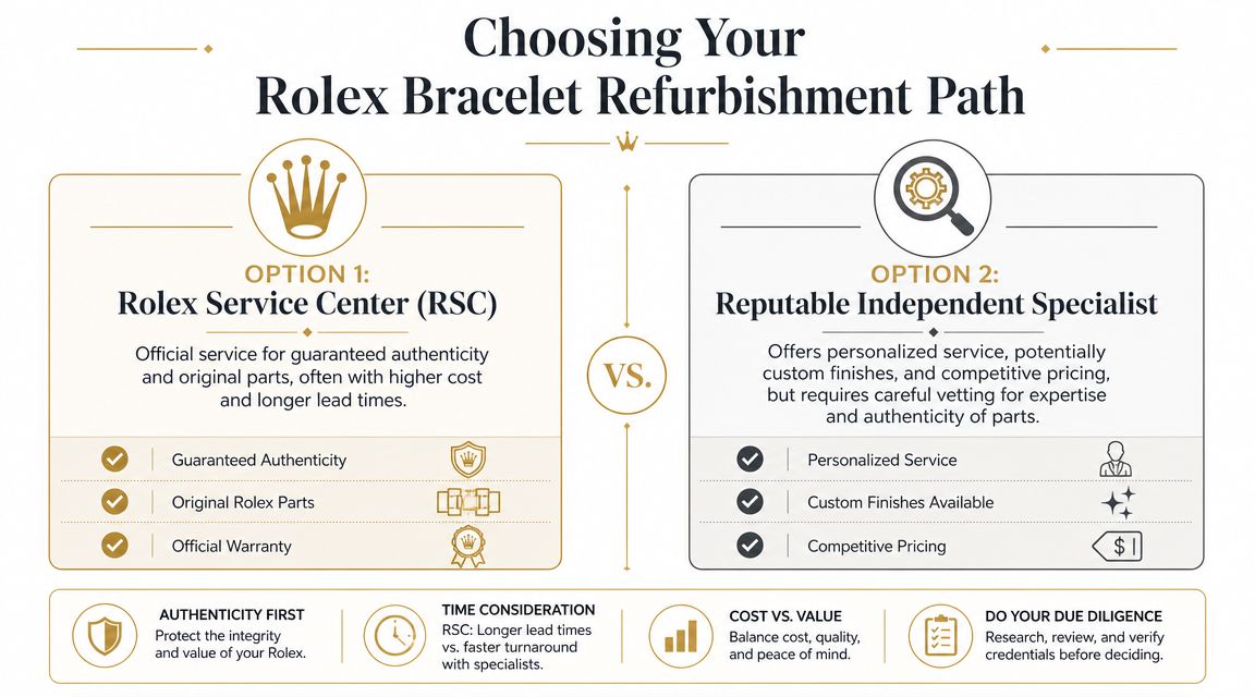 A comparison infographic showing the pros and cons of Rolex bracelet refurbishment at an official center versus independent specialists.