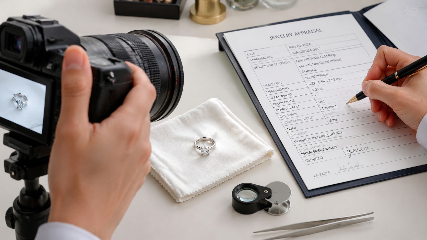 A professional jeweler taking a picture of a diamond ring while filling out a jewelry appraisal document.
