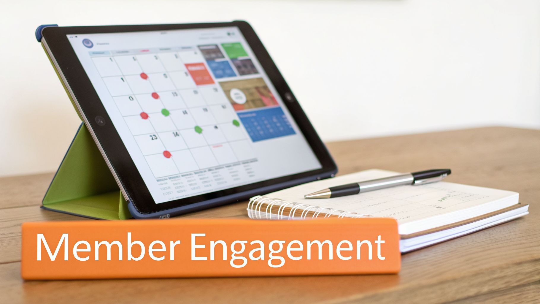 A tablet displays a calendar app next to a notebook, pen, and a 'Member Engagement' sign.