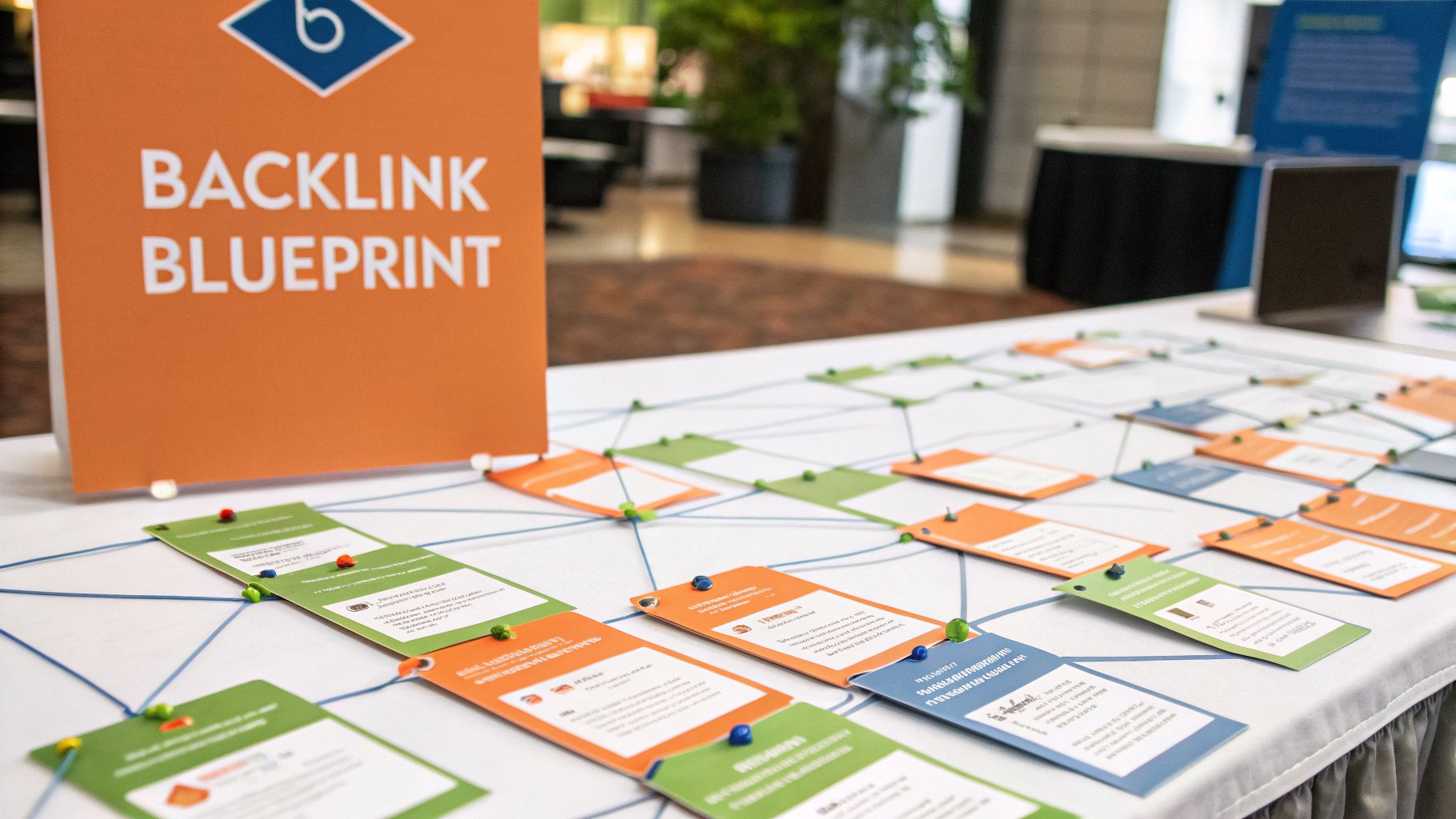 Backlink Blueprint display showing interconnected SEO strategy cards on a white table.