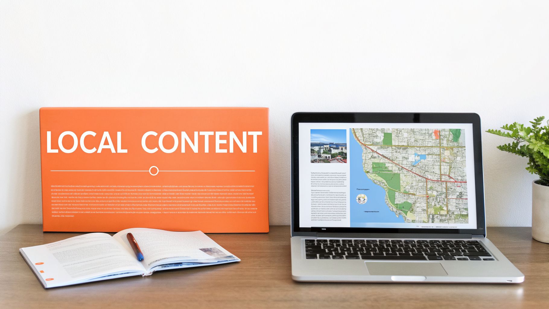 A desk with an orange sign saying 'LOCAL CONTENT', an open book, and a laptop showing local maps.