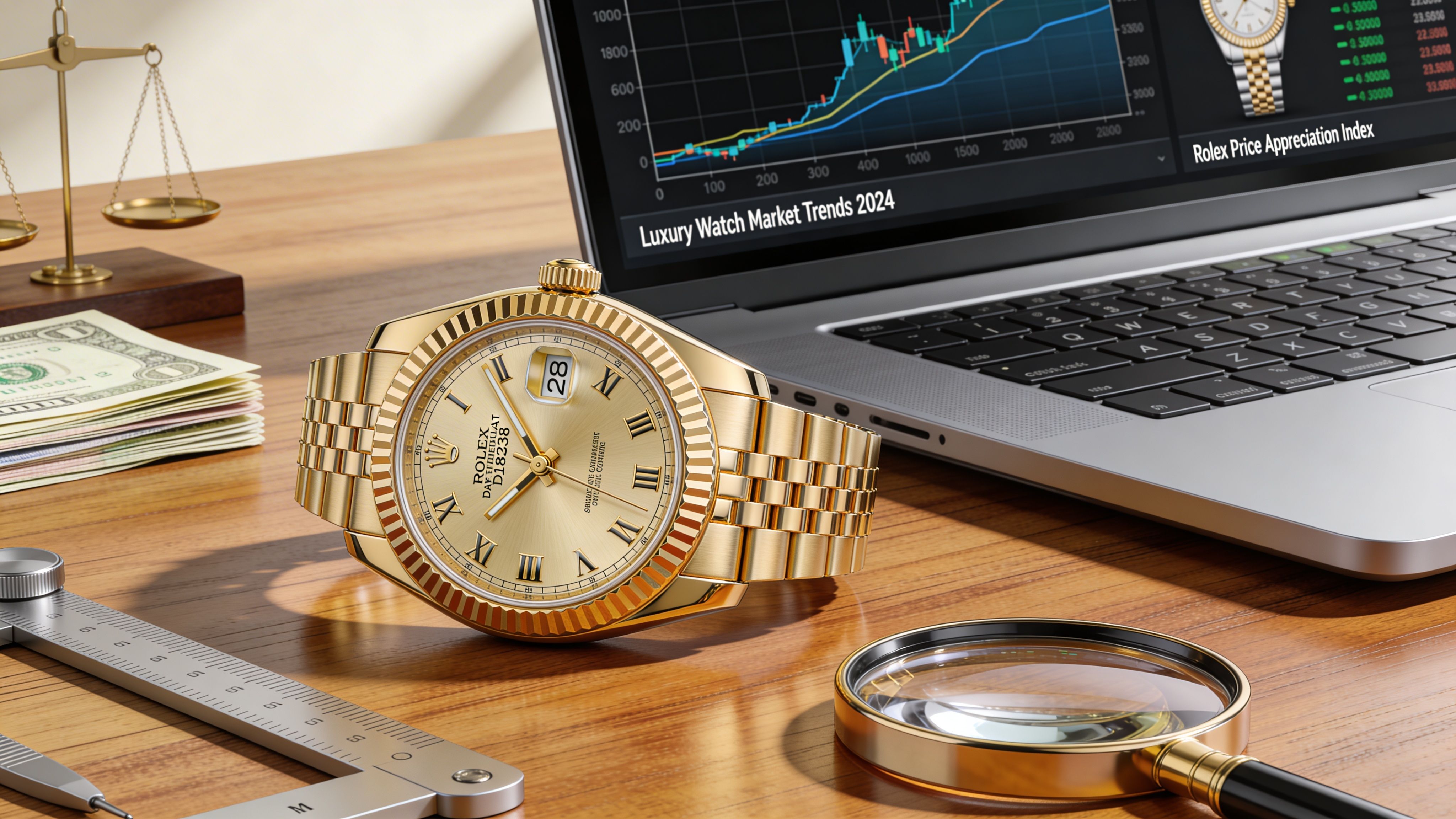 A luxurious gold Rolex watch placed on a wooden desk next to a laptop displaying market charts.