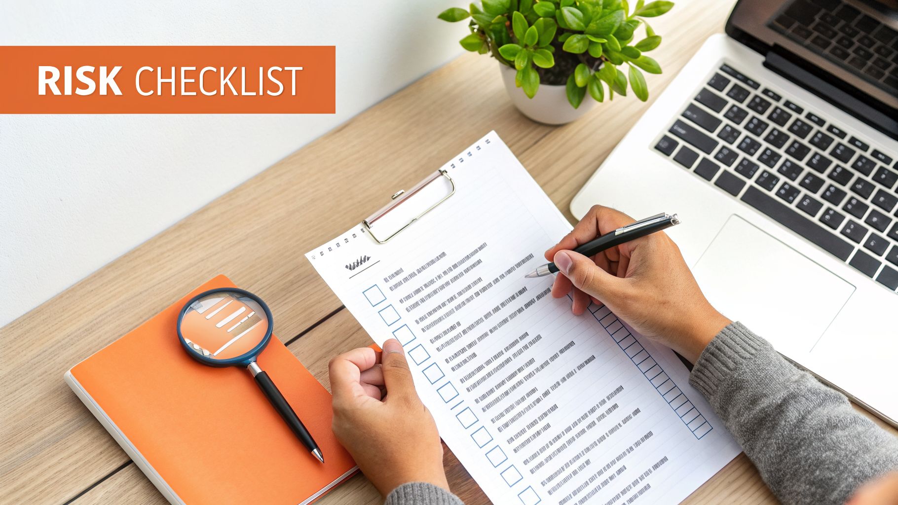 A person's hands filling out a 'RISK CHECKLIST' on a clipboard, next to a laptop and magnifying glass.
