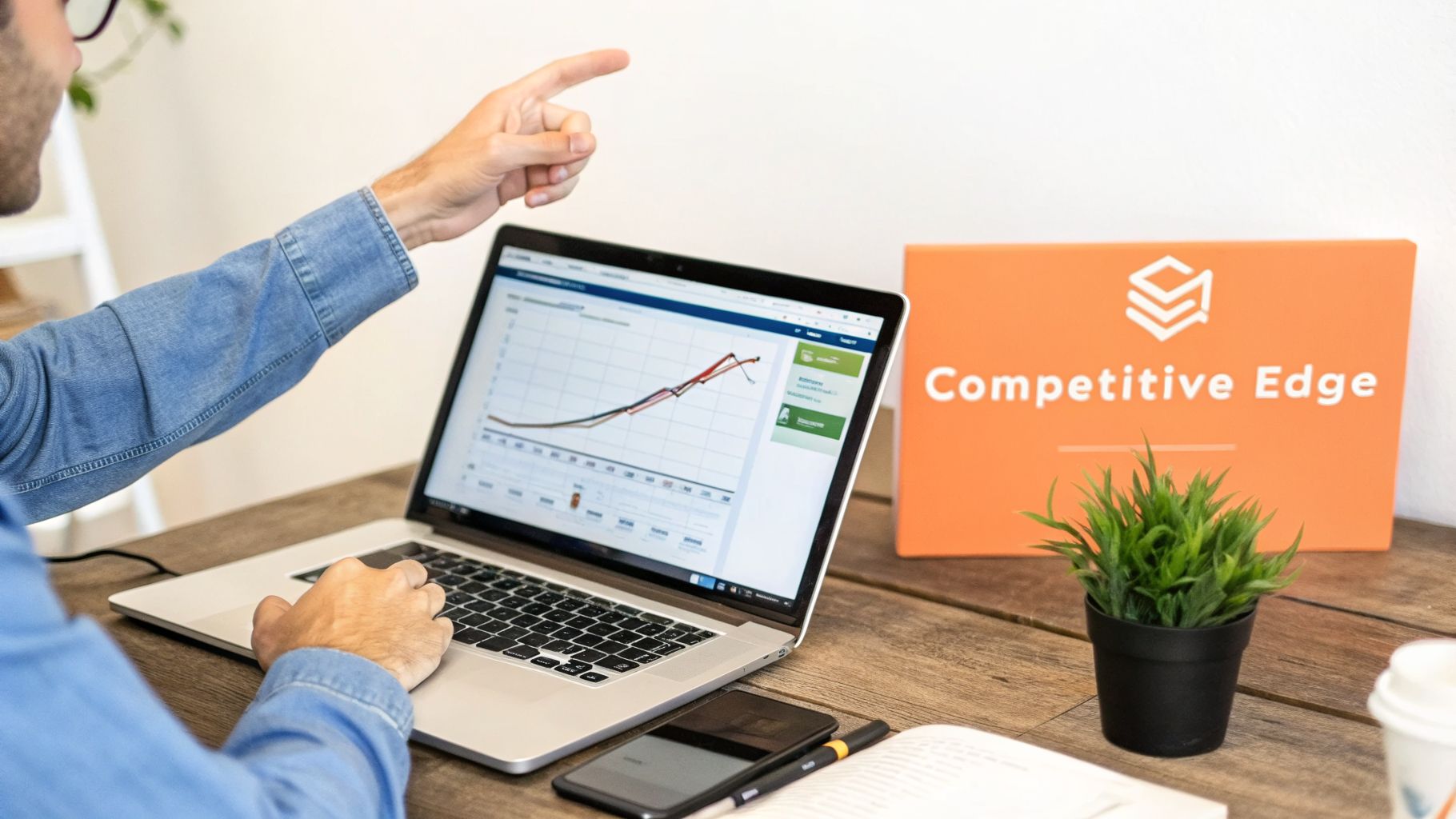 Man analyzing a laptop screen displaying growth charts, pointing, with a 'Competitive Edge' sign nearby.