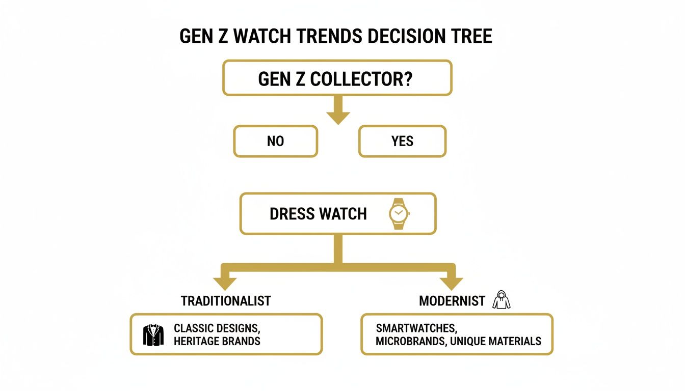 A decision tree illustrating Gen Z watch trends, categorizing preferences for dress watches.
