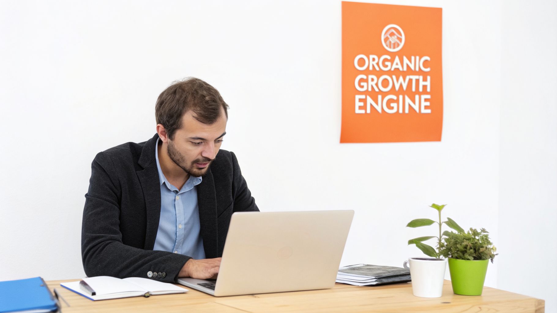 Focused man in a blazer working on a laptop at a desk with 'Organic Growth Engine' poster.