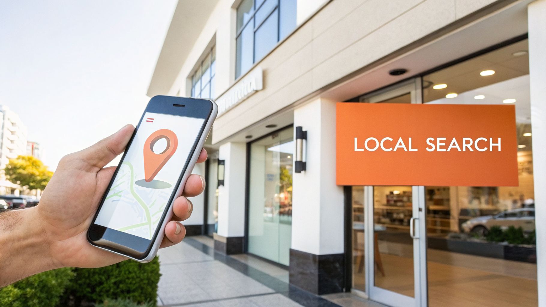 A hand holds a smartphone displaying a map with a location pin, in front of a storefront with a 'LOCAL SEARCH' sign.