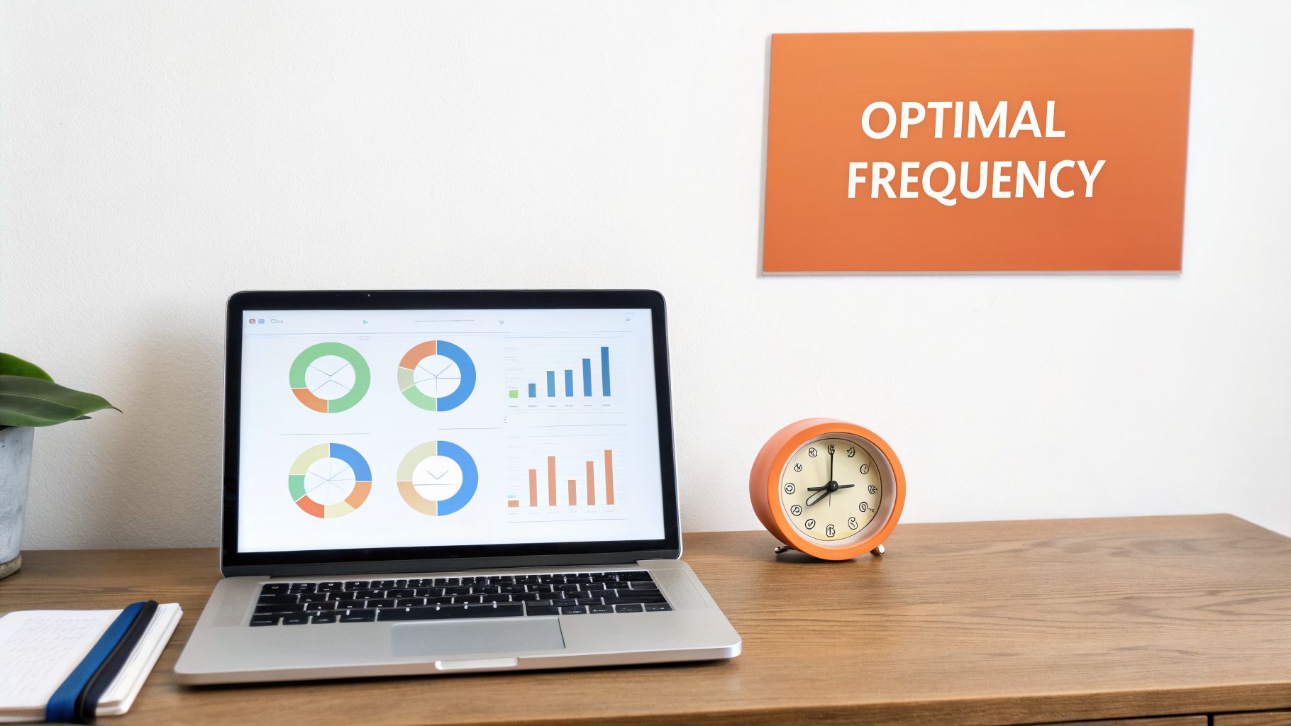 A laptop displaying data charts, an orange alarm clock, and an 'Optimal Frequency' sign.