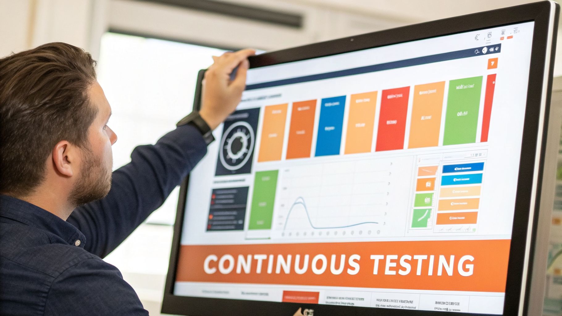 A professional male reviews a 'Continuous Testing' dashboard on a large monitor in an office.
