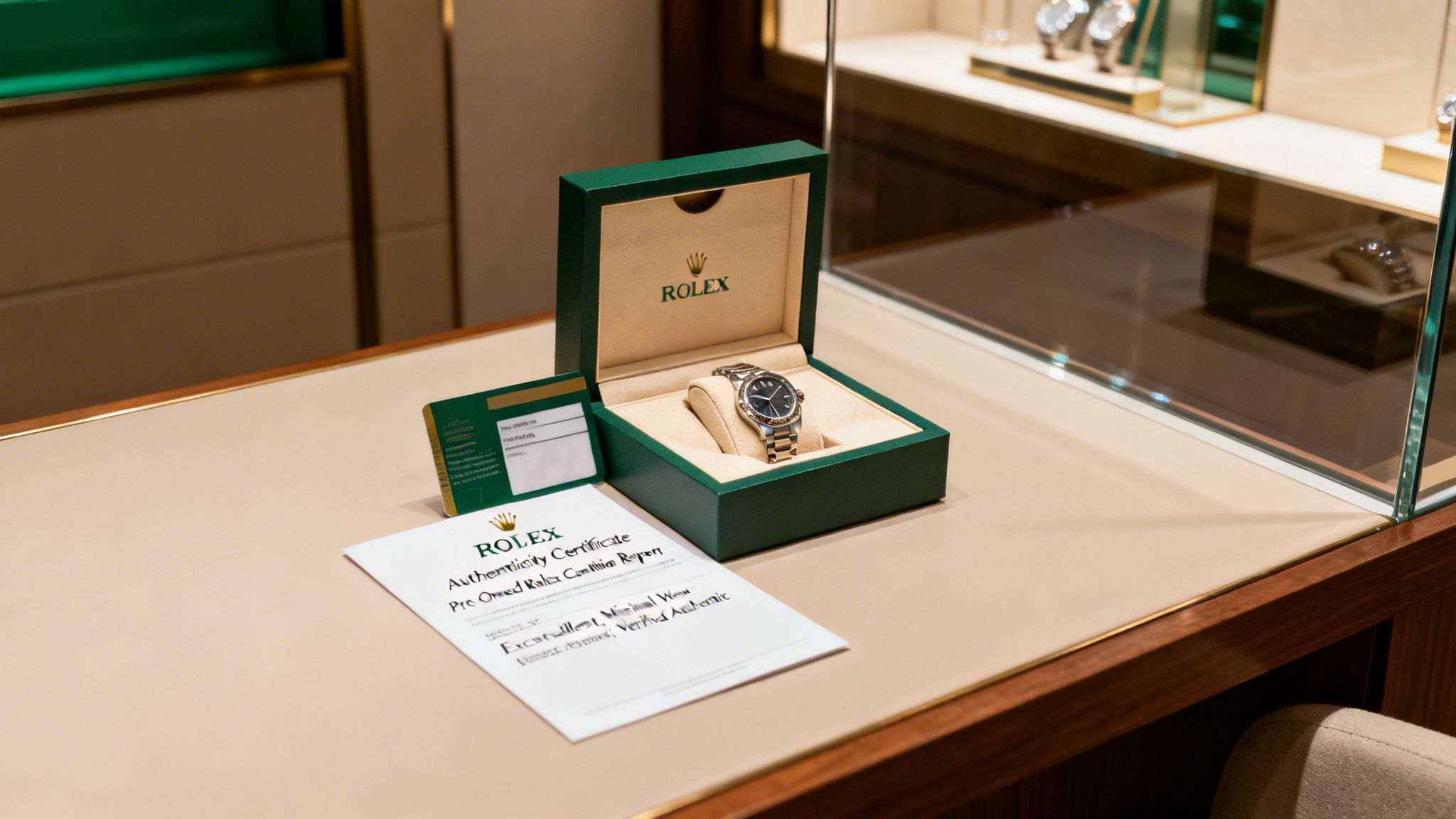 A Rolex watch in its green presentation box with an authenticity certificate on a luxury store counter.