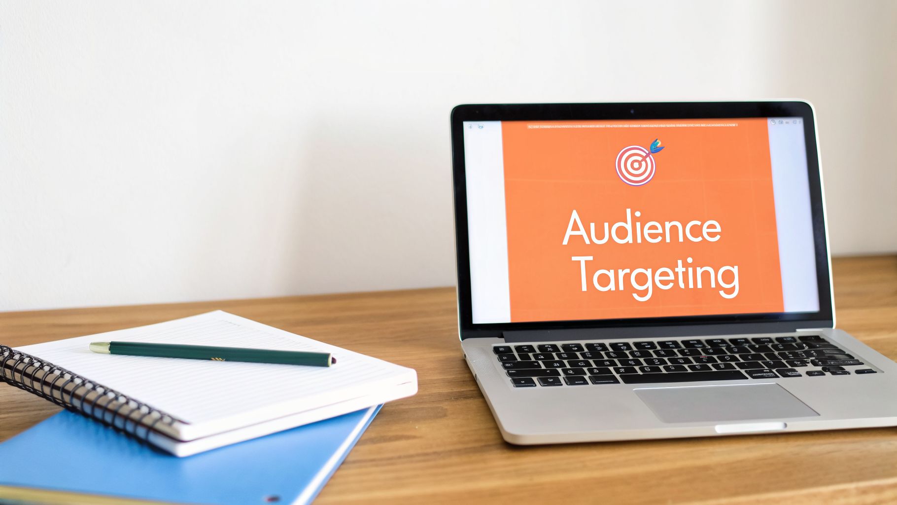 A laptop displaying 'Audience Targeting' with a target icon, alongside notebooks and a pen on a wooden desk.