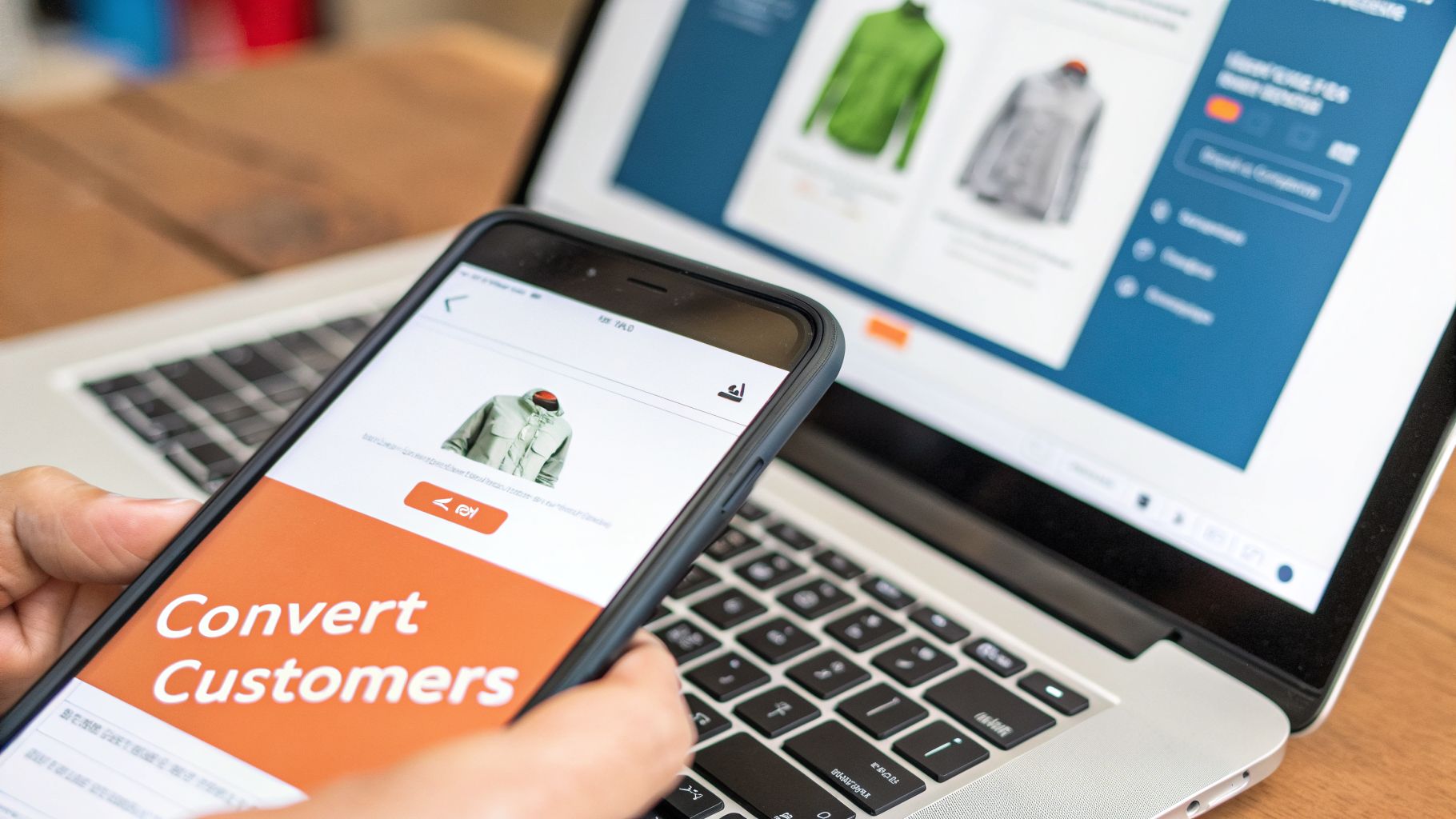 A person holding a smartphone displaying 'Convert Customers' next to a laptop showing an e-commerce website.