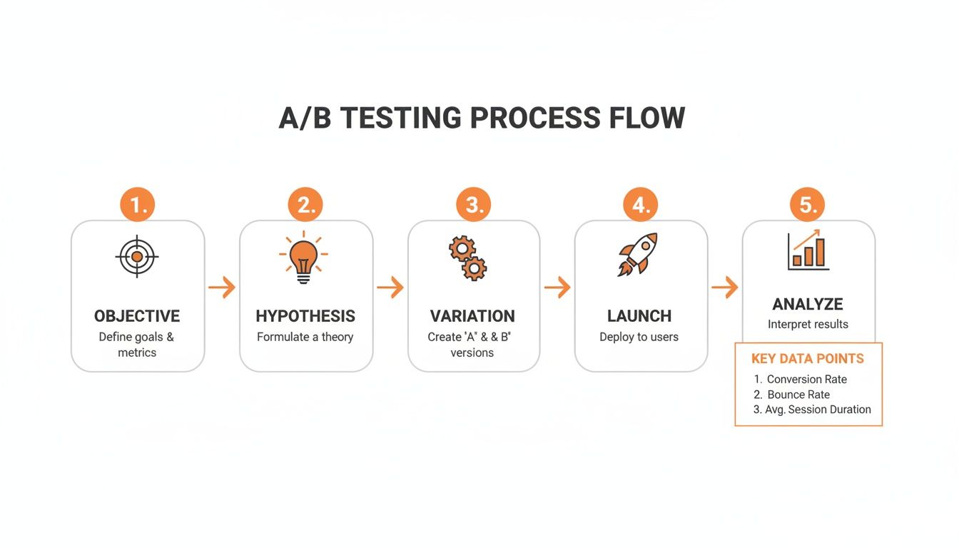 Infographic showing the 5-step A/B testing process flow with key data points.