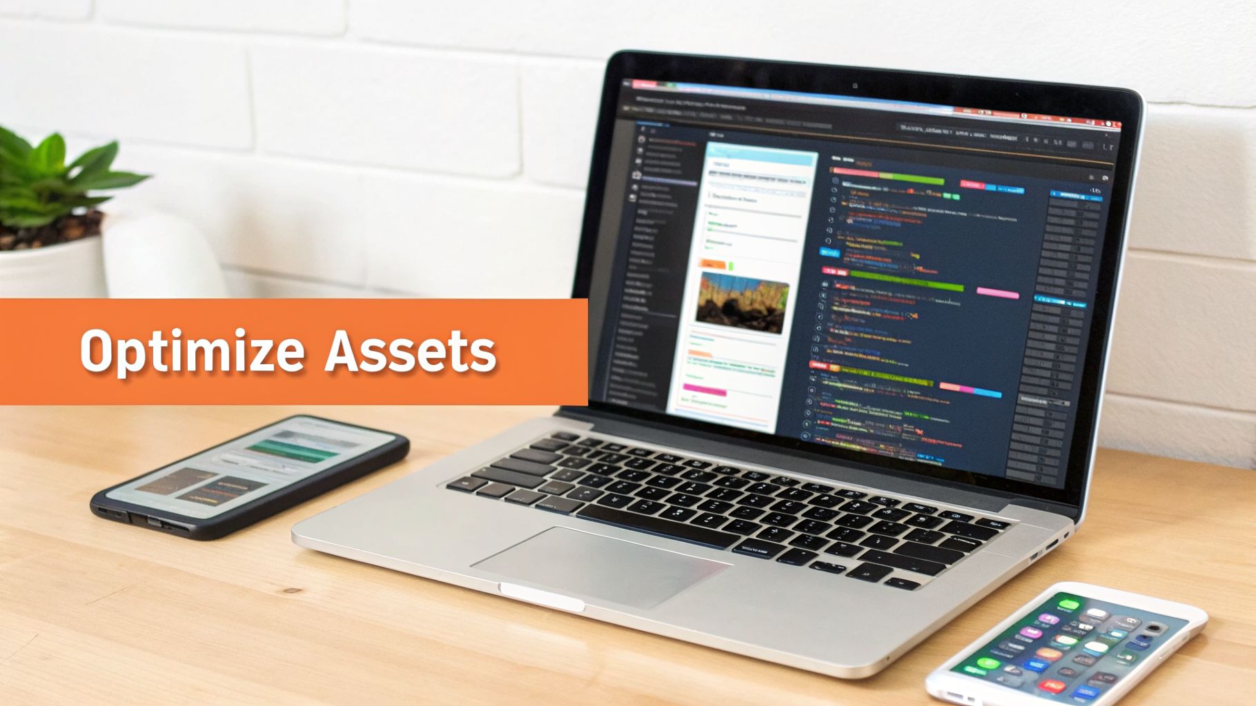 A desk with a laptop displaying code, two smartphones, and a banner reading 'Optimize Assets'.